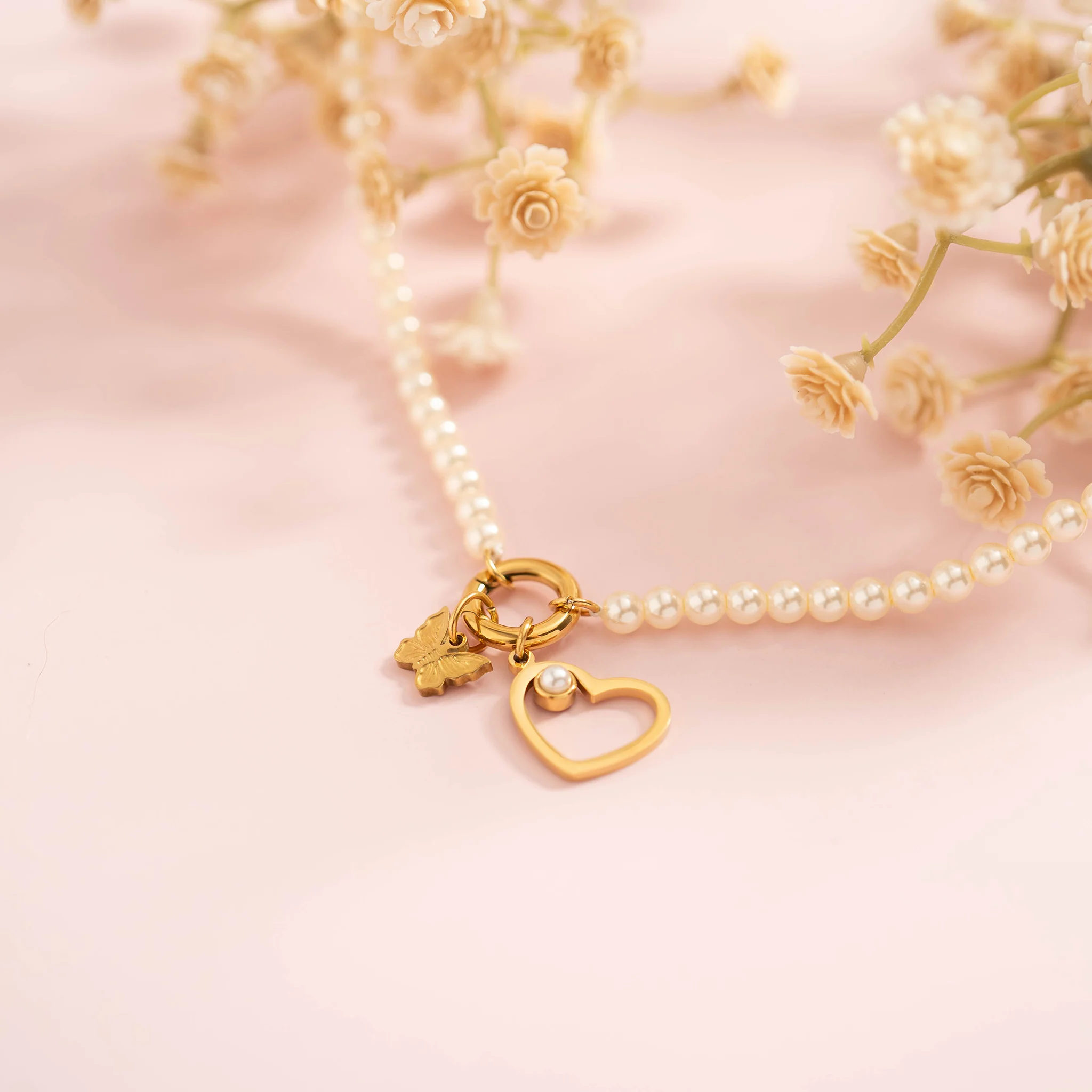 18" Glass Pearl Necklace with Stainless Steel Charm Keeper / SBB0338 - Image 11