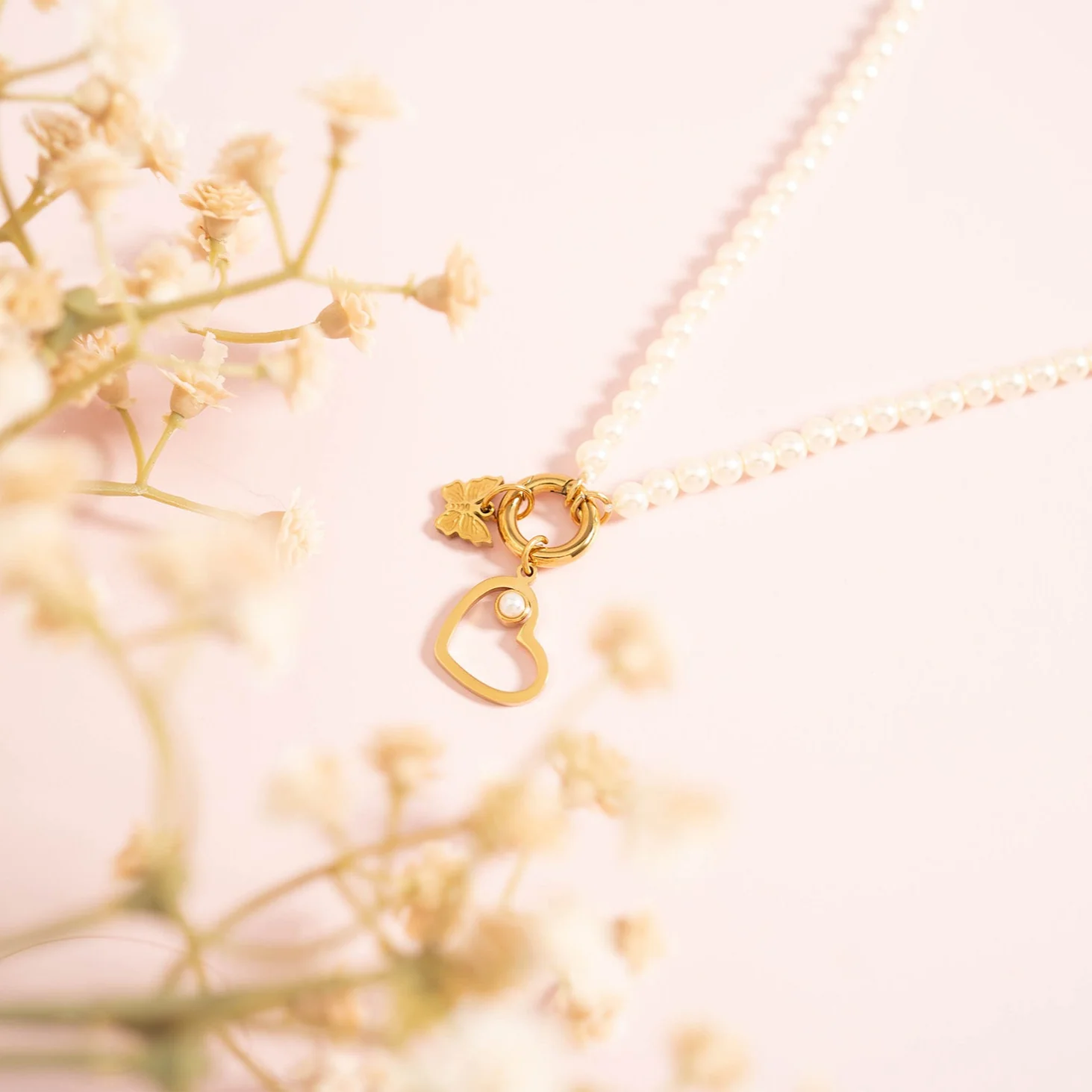 18" Glass Pearl Necklace with Stainless Steel Charm Keeper / SBB0338 - Image 14