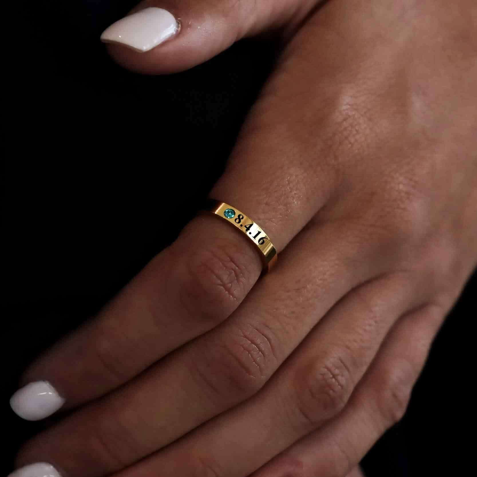 18K Gold PVD Stainless Steel Birthstone Engravable Stacking Ring / ZRJ1004 - Image 15