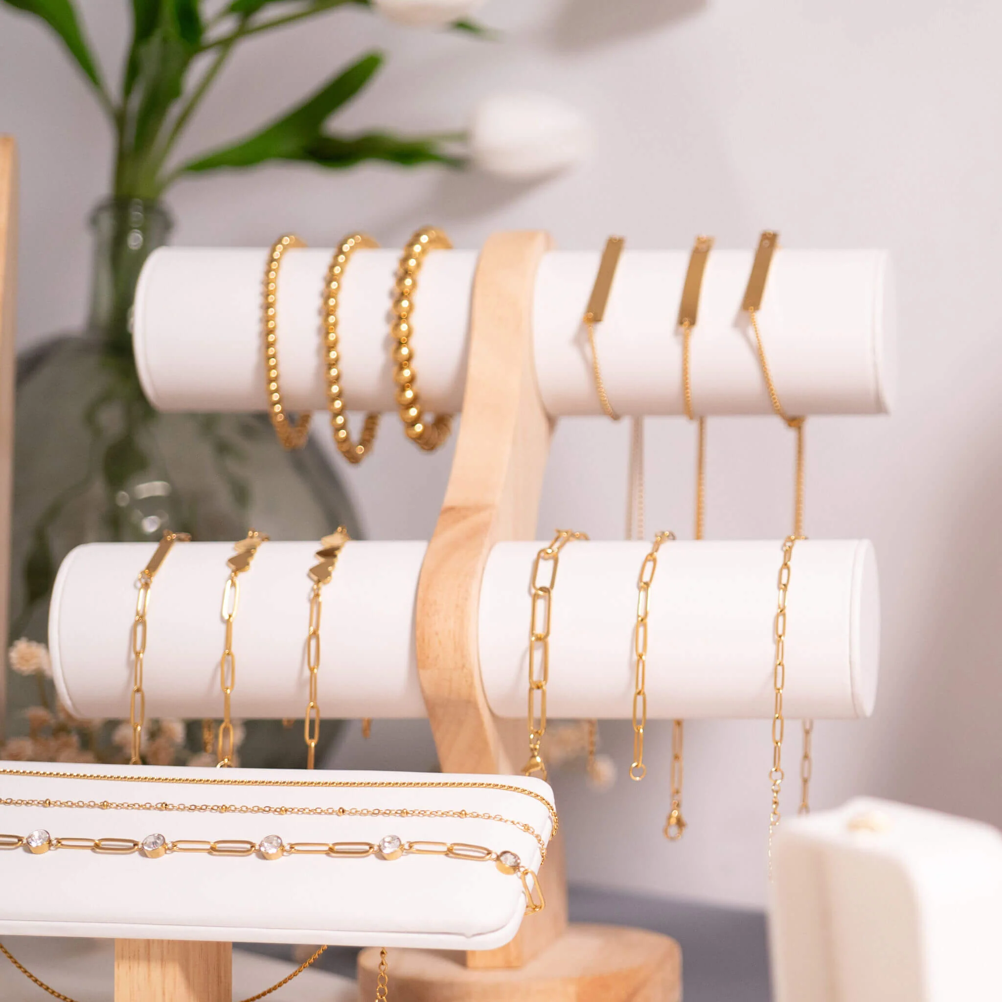 18K Gold PVD Stainless Steel Beaded Stretch Bracelet / SBB0342 - Image 7