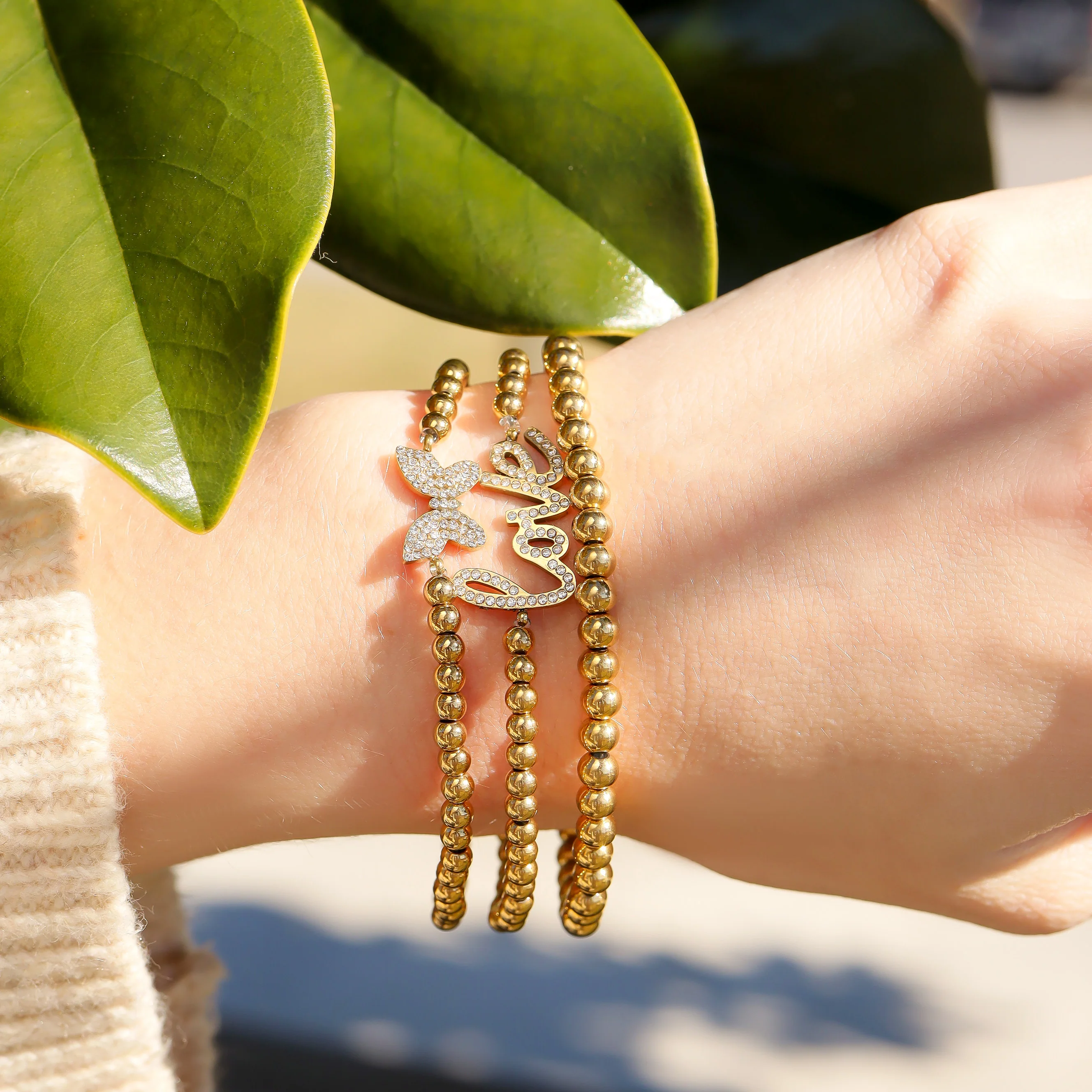 18K Gold PVD Stainless Steel Beaded Stretch Bracelet / SBB0342 - Image 9