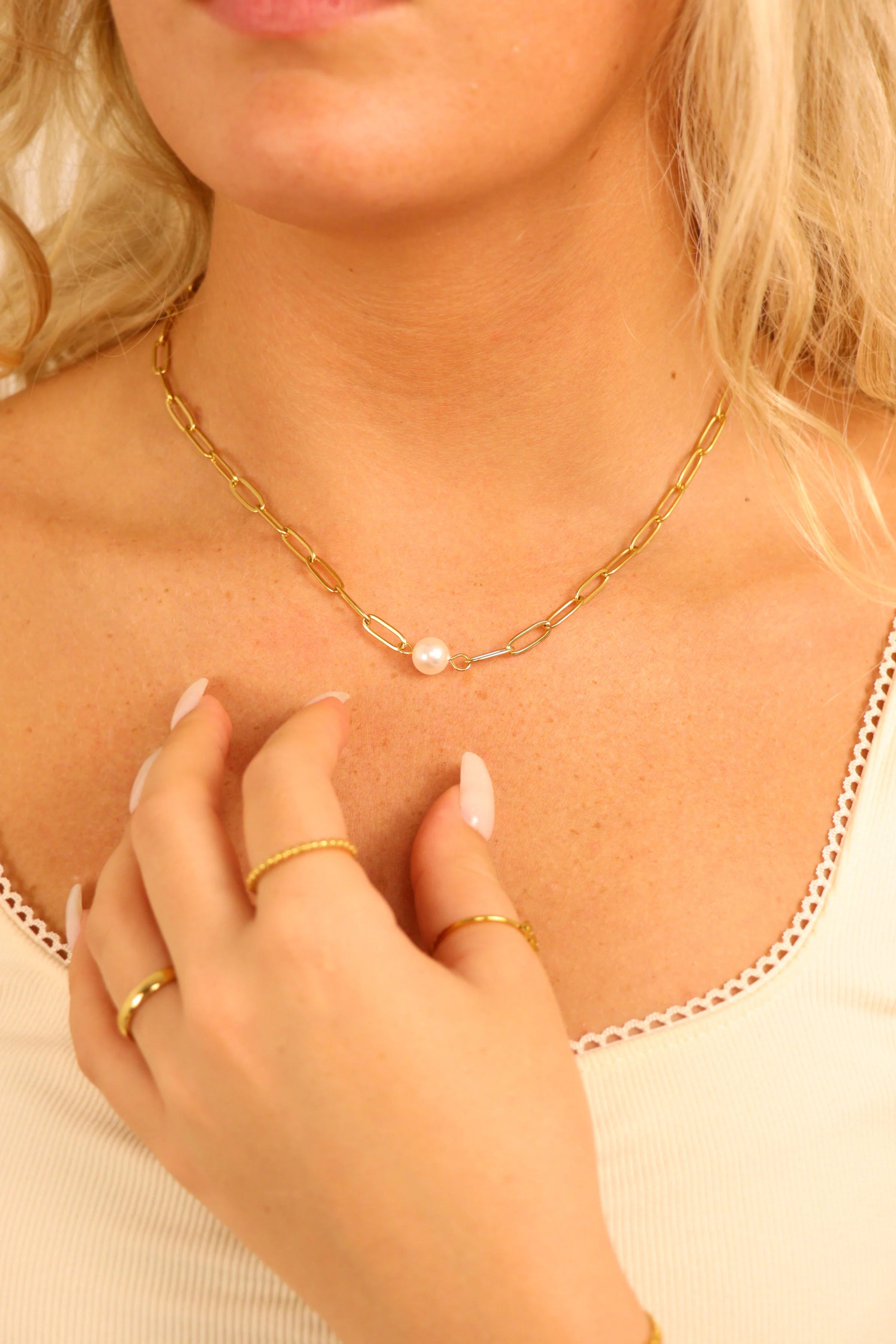 18K Gold PVD Stainless Steel Paperclip Necklace With Pearl / CHN9956 - Image 13