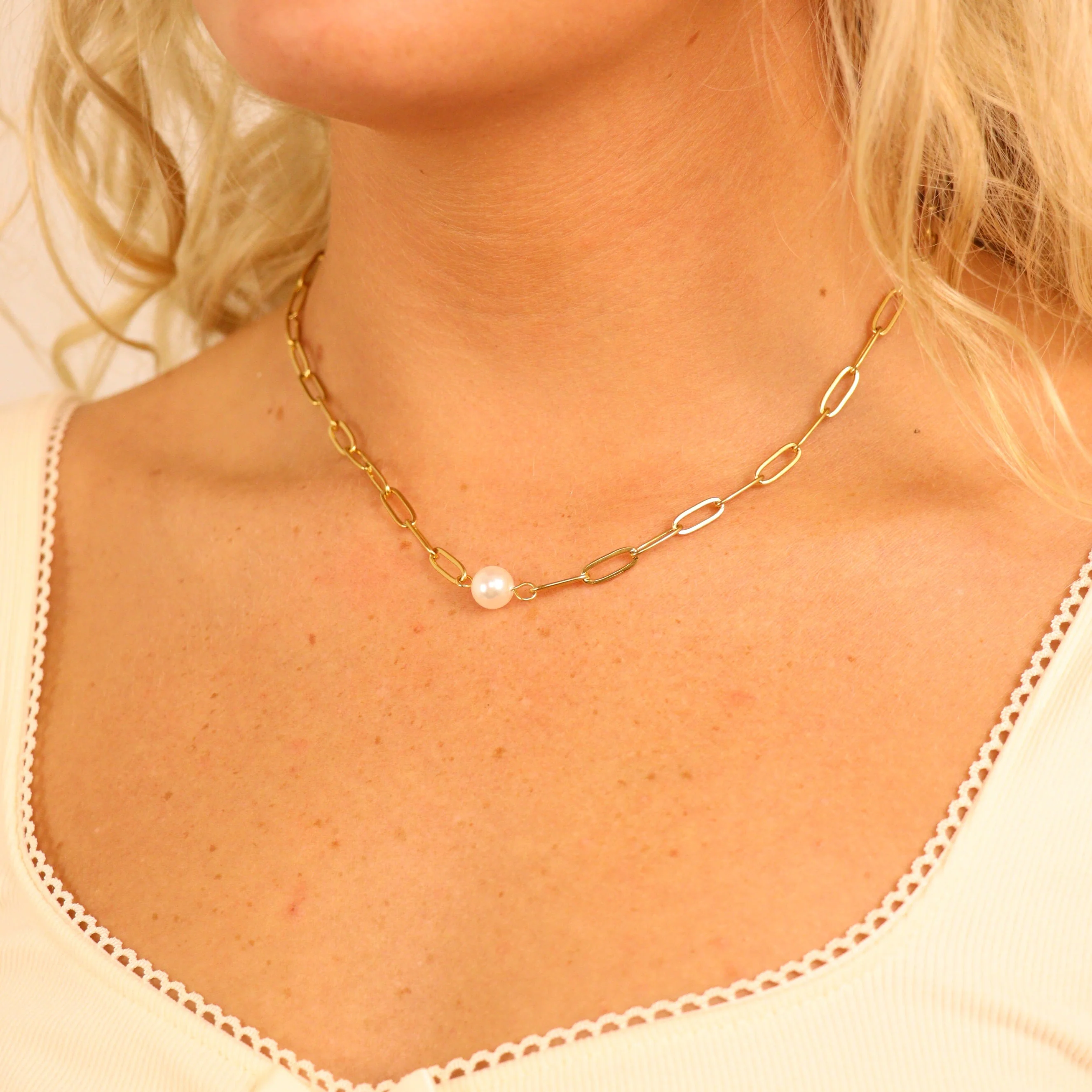 18K Gold PVD Stainless Steel Paperclip Necklace With Pearl / CHN9956 - Image 14