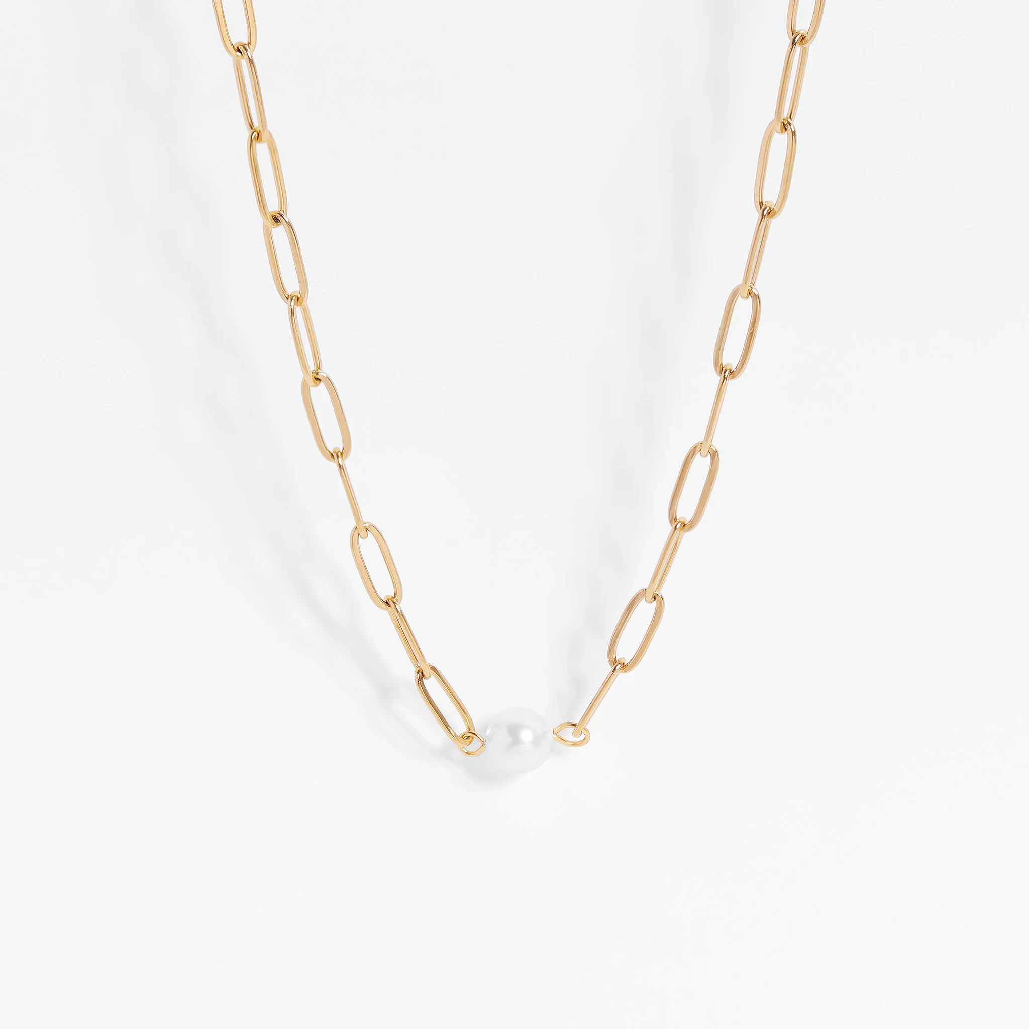 18K Gold PVD Stainless Steel Paperclip Necklace With Pearl / CHN9956 - Image 18