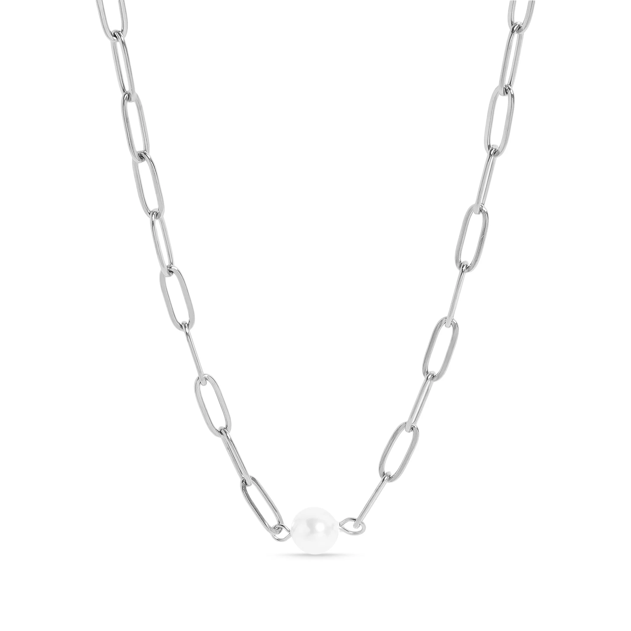 18K Gold PVD Stainless Steel Paperclip Necklace With Pearl / CHN9956 - Image 3