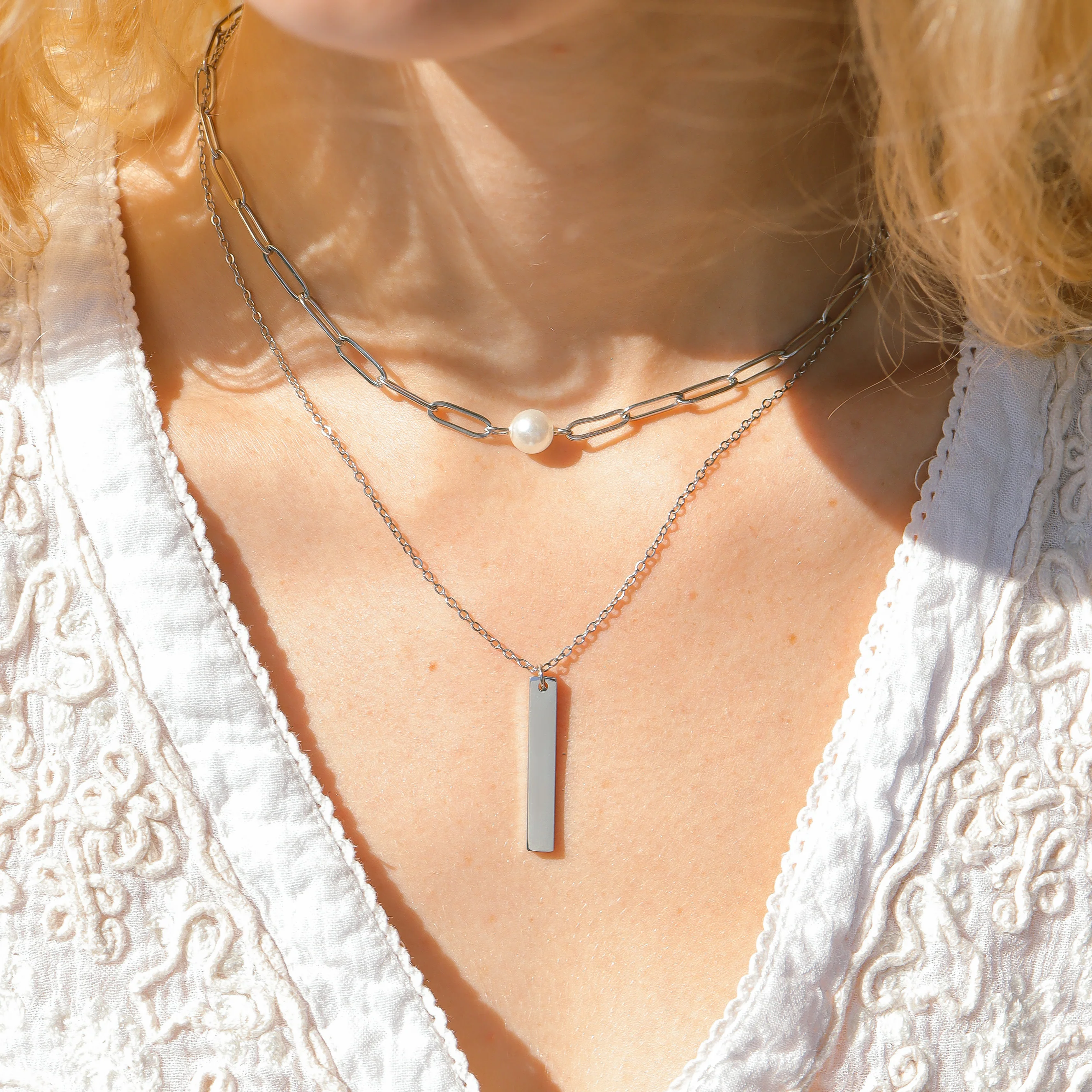 18K Gold PVD Stainless Steel Paperclip Necklace With Pearl / CHN9956 - Image 5