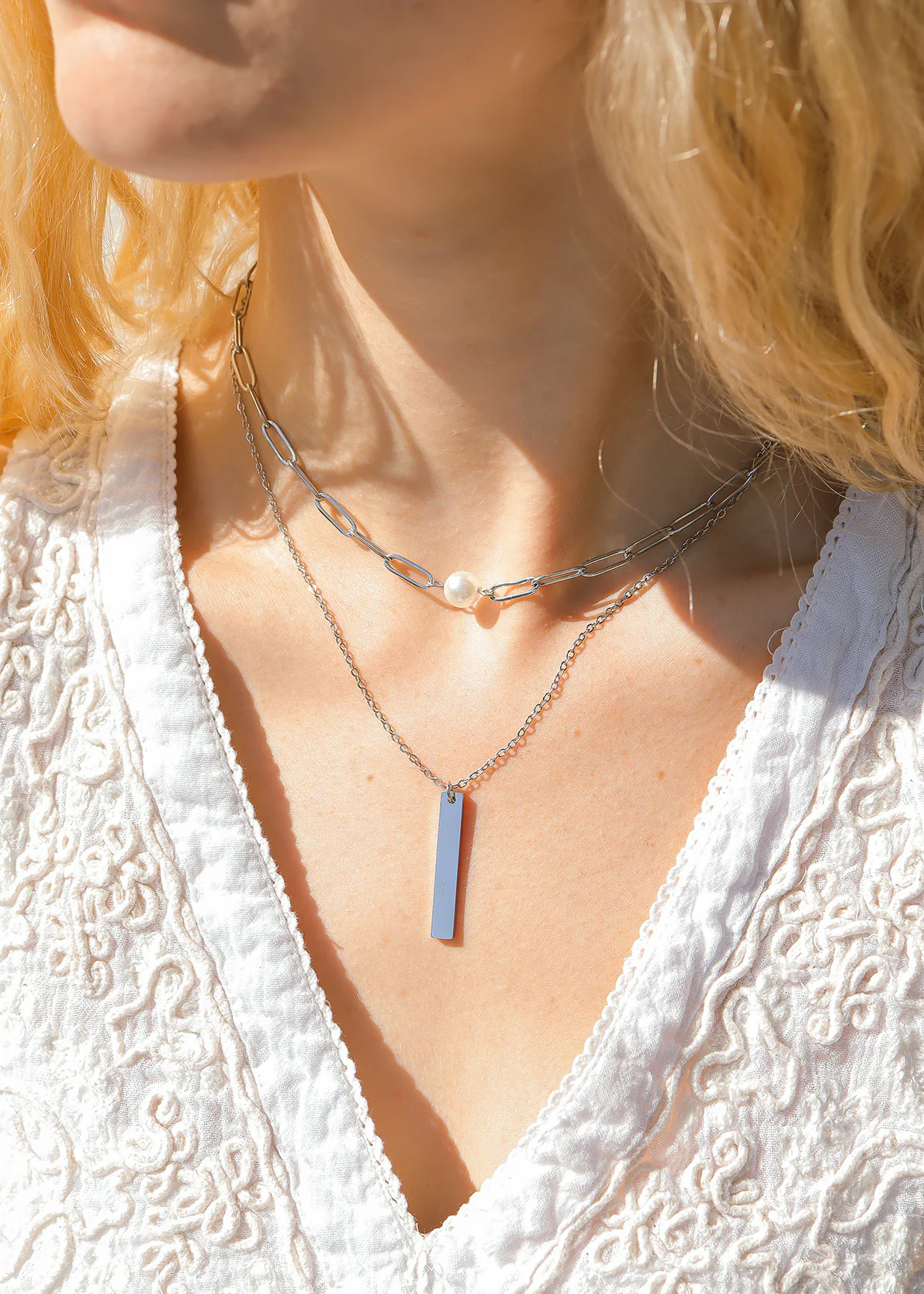 18K Gold PVD Stainless Steel Paperclip Necklace With Pearl / CHN9956 - Image 6