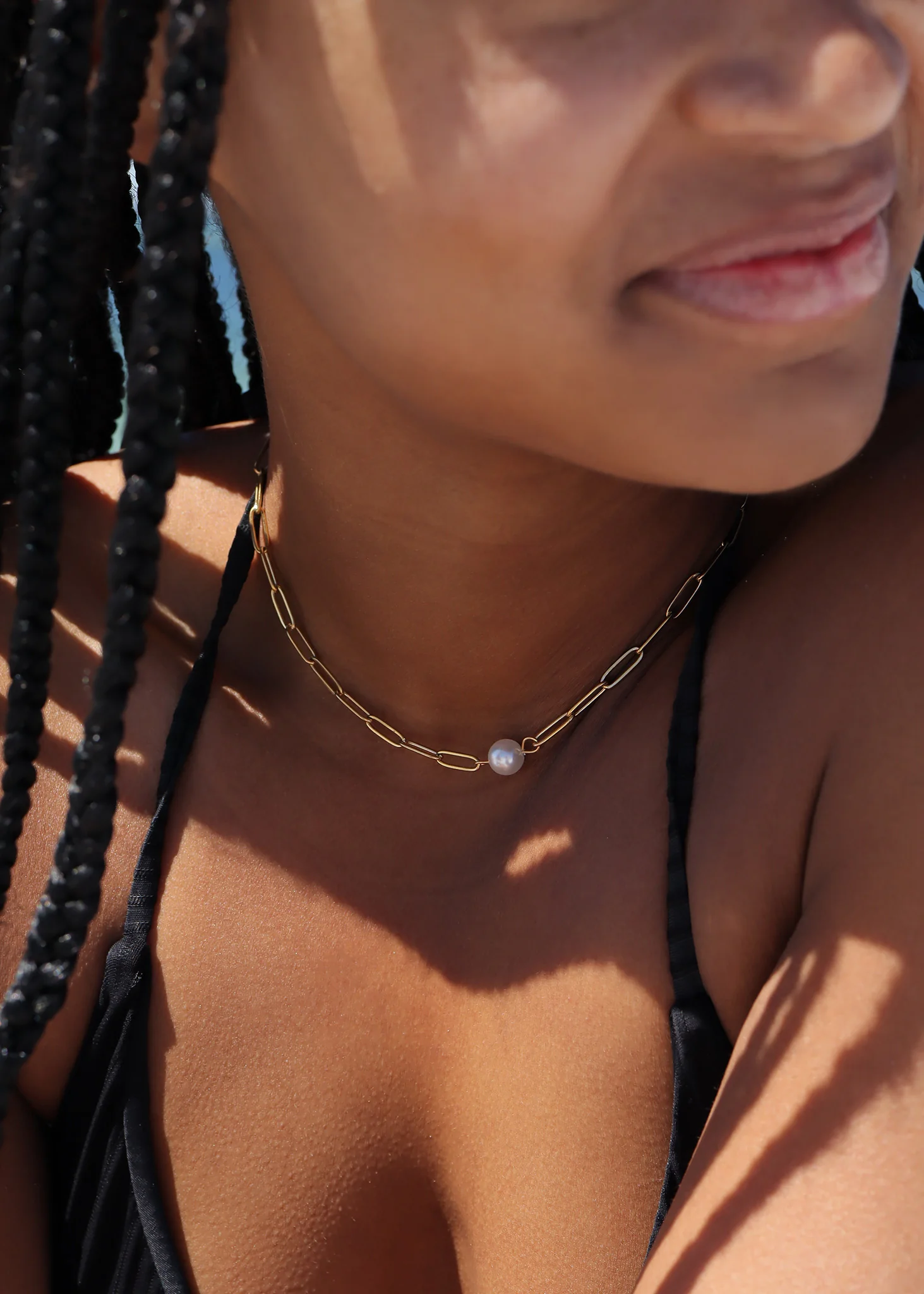 18K Gold PVD Stainless Steel Paperclip Necklace With Pearl / CHN9956 - Image 7