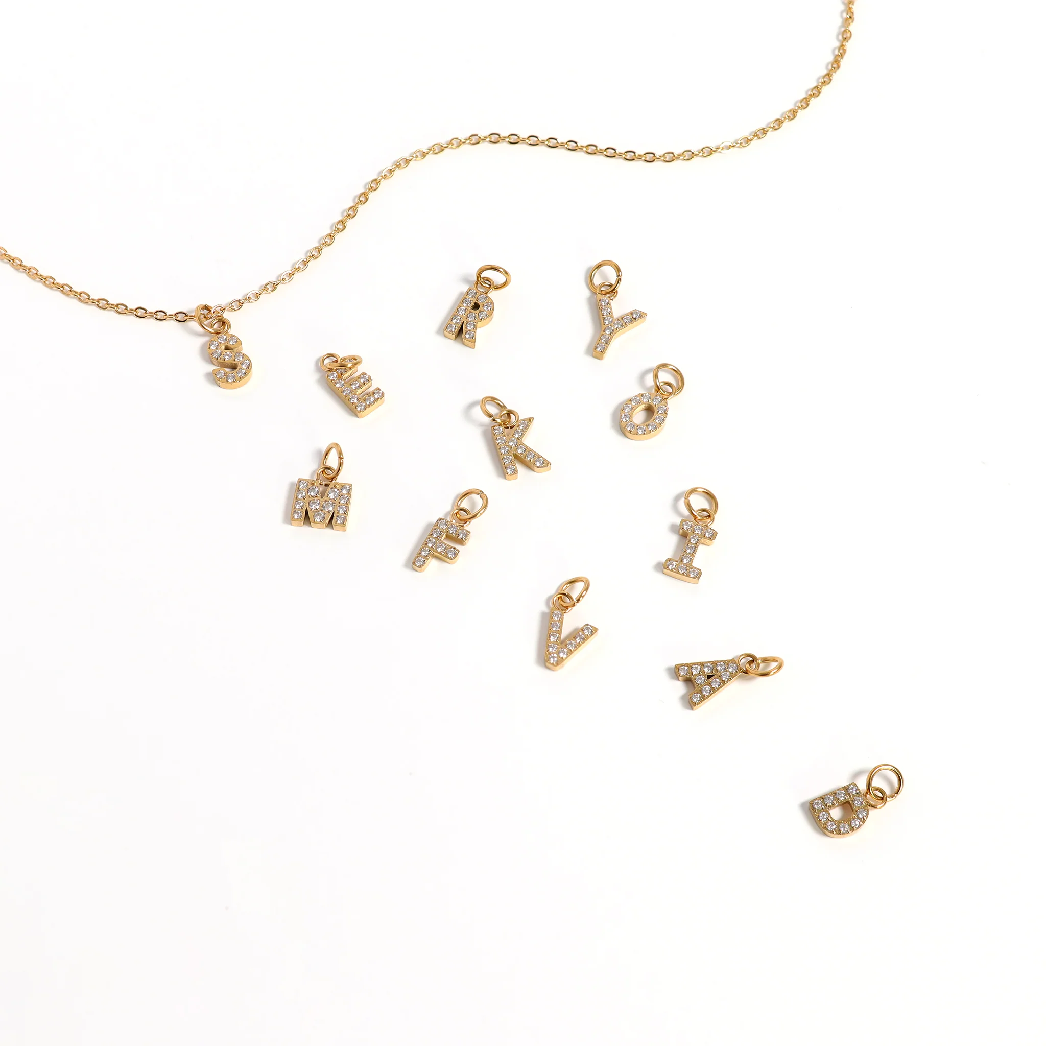 18K Gold PVD Stainless Steel Pave Set CZ Initial Letter Charms / PDC9021 - Image 10