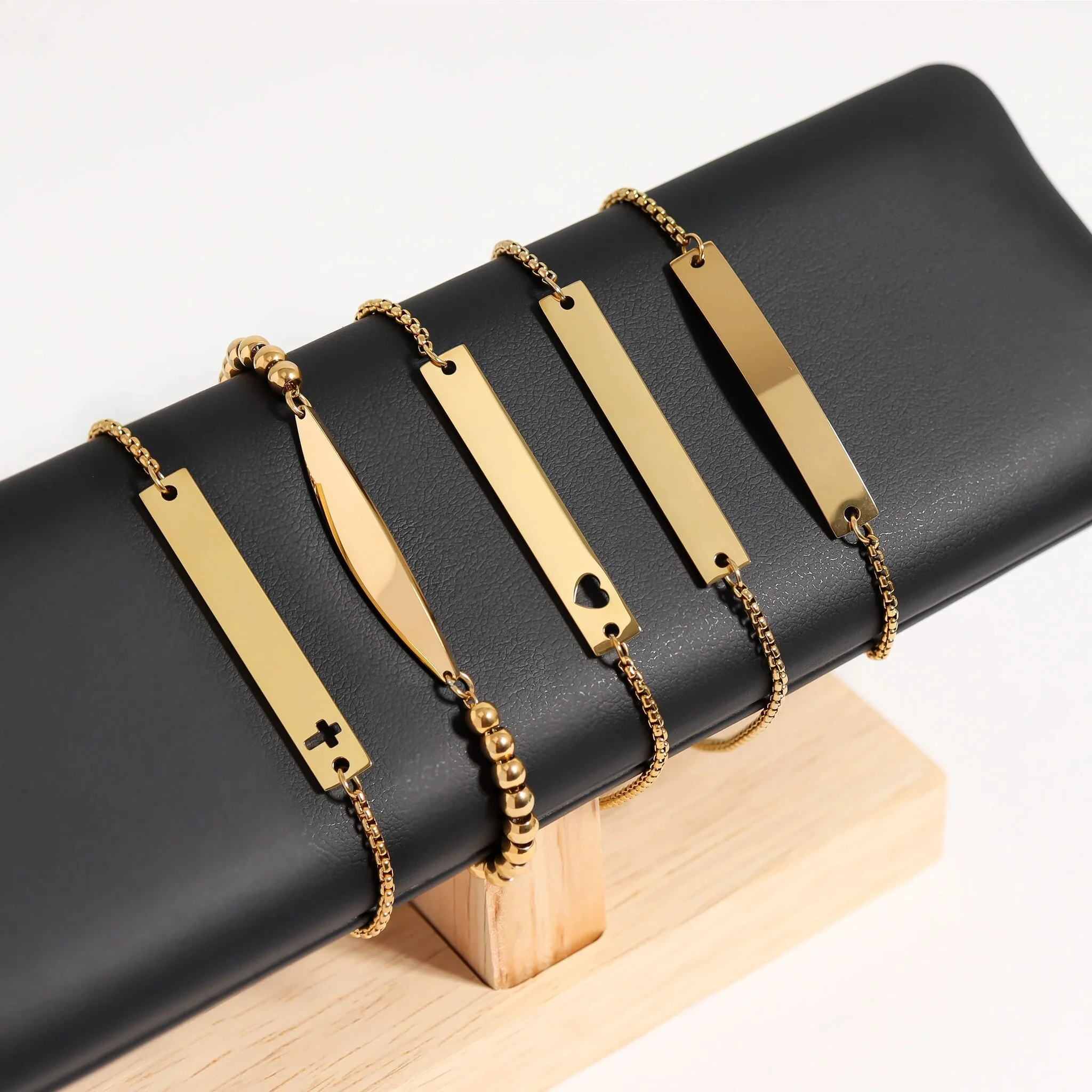 18K Gold PVD Stainless Steel Adjustable Curved Blank Bar Bracelet / SBB0145 - Image 4