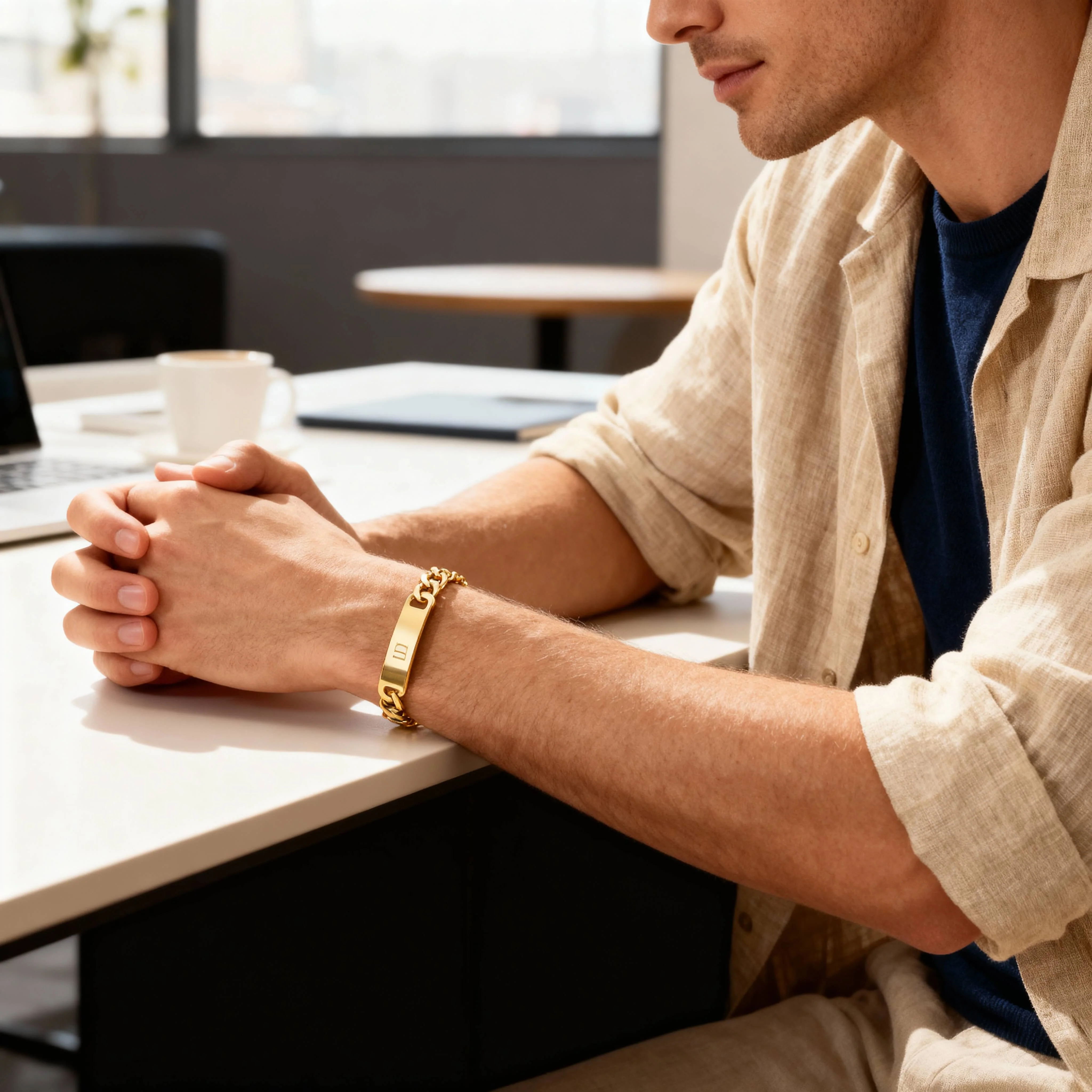 18K Gold PVD Stainless Steel Blank ID Curved Bar Bracelet / BRJ9044 - Image 12