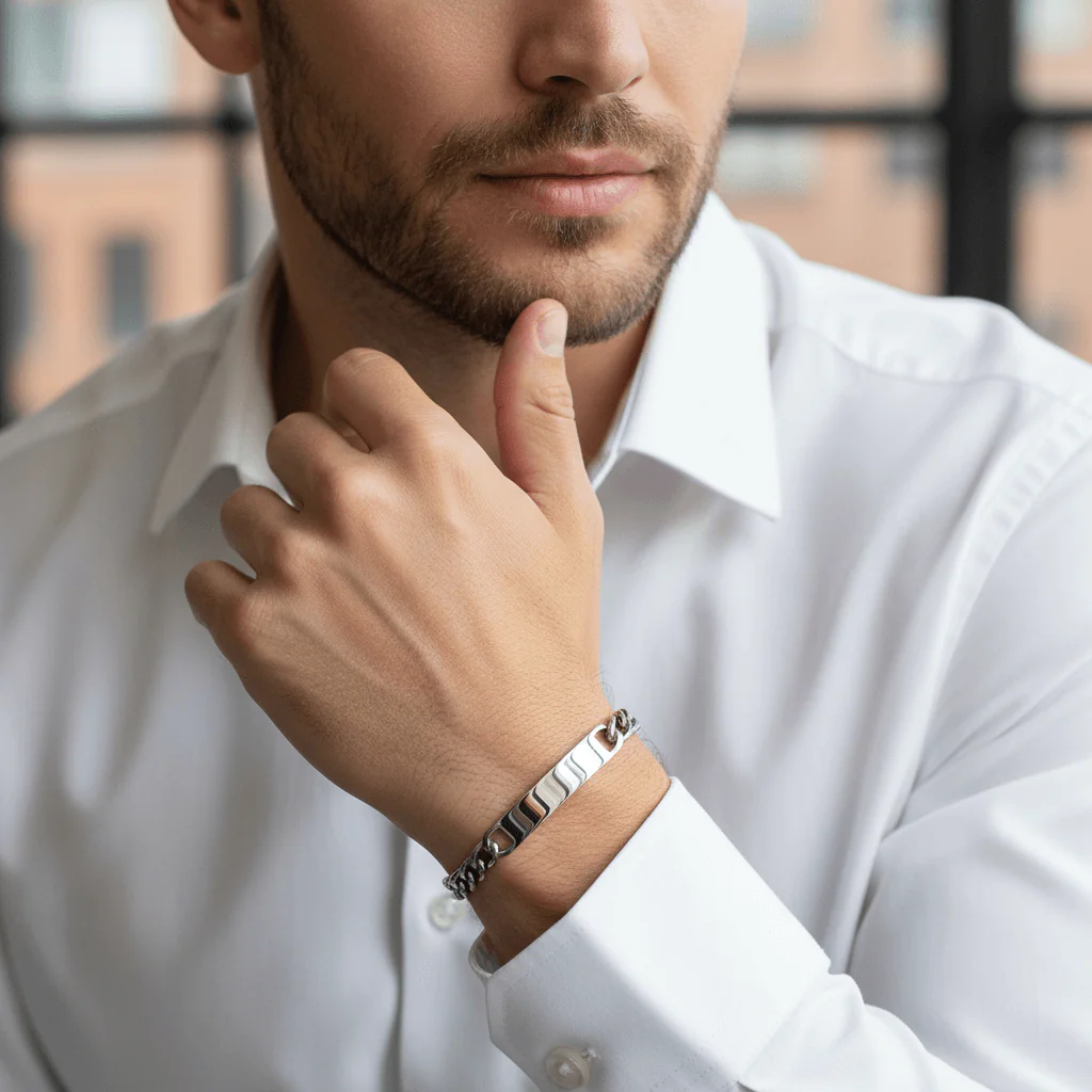 18K Gold PVD Stainless Steel Blank ID Curved Bar Bracelet / BRJ9044 - Image 9