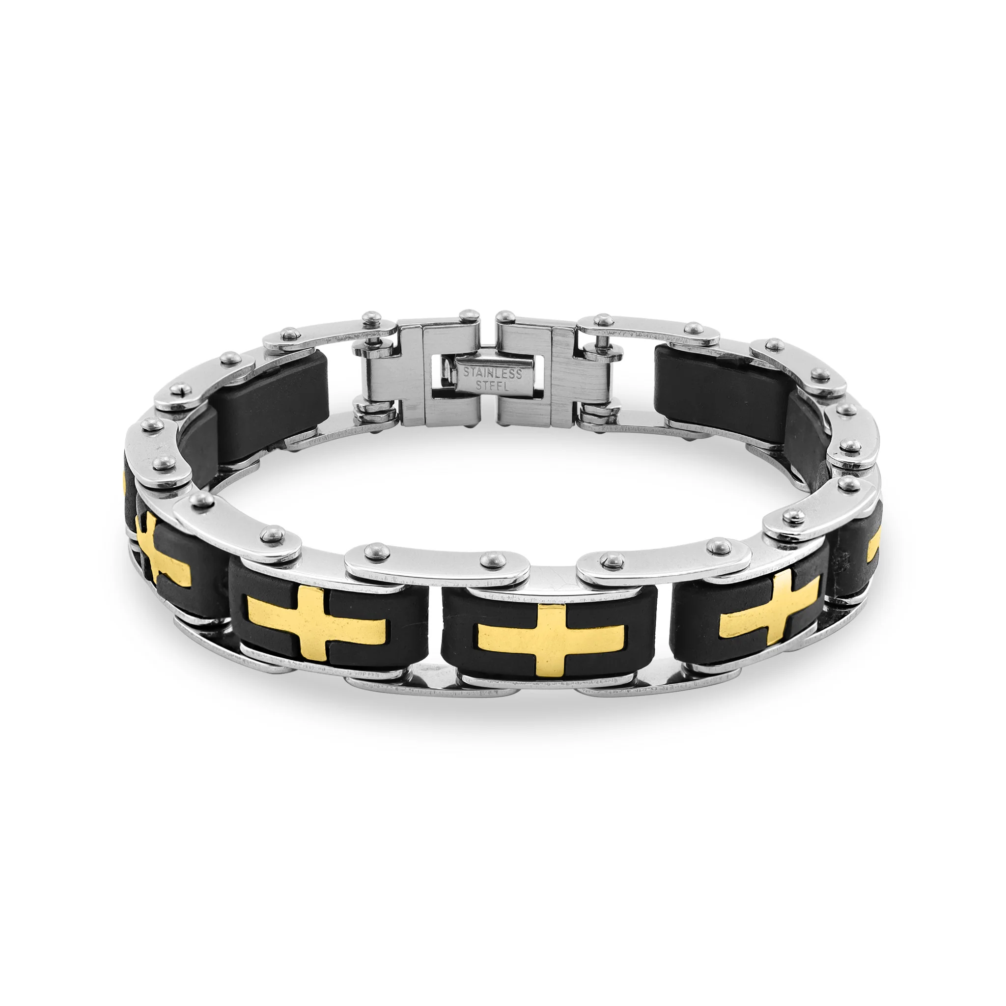 18K Gold PVD Stainless Steel Cross Bike Chain Bracelet / BRJ2376 - Image 4