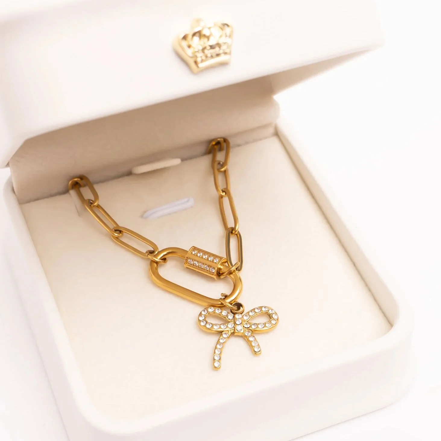 18K Gold PVD Stainless Steel CZ Stone Carabiner Necklace / CHN0151 - Image 3