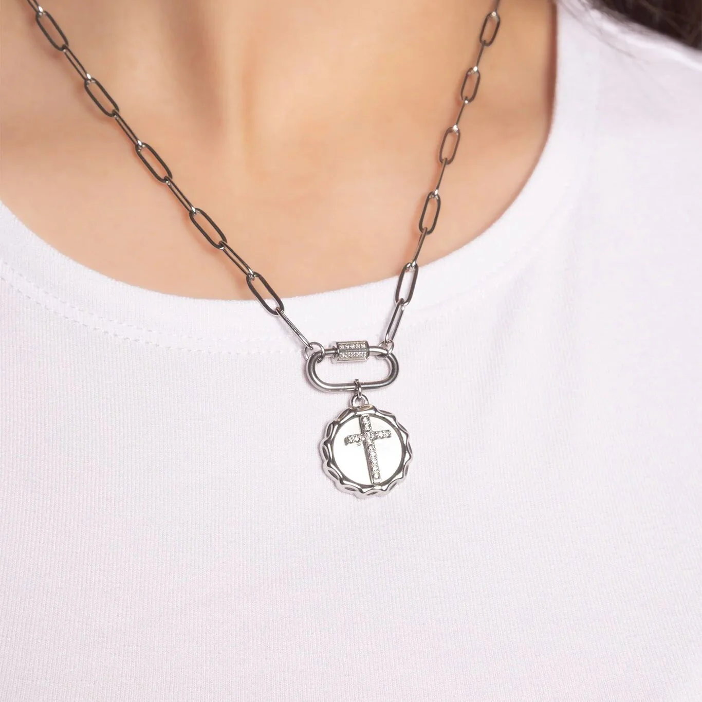 18K Gold PVD Stainless Steel CZ Stone Carabiner Necklace / CHN0151 - Image 5