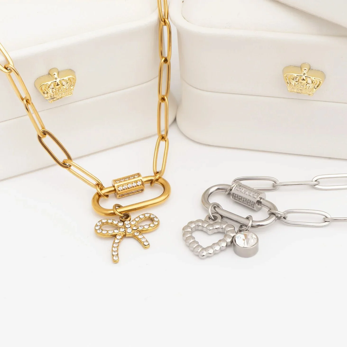 18K Gold PVD Stainless Steel CZ Stone Carabiner Necklace / CHN0151 - Image 7