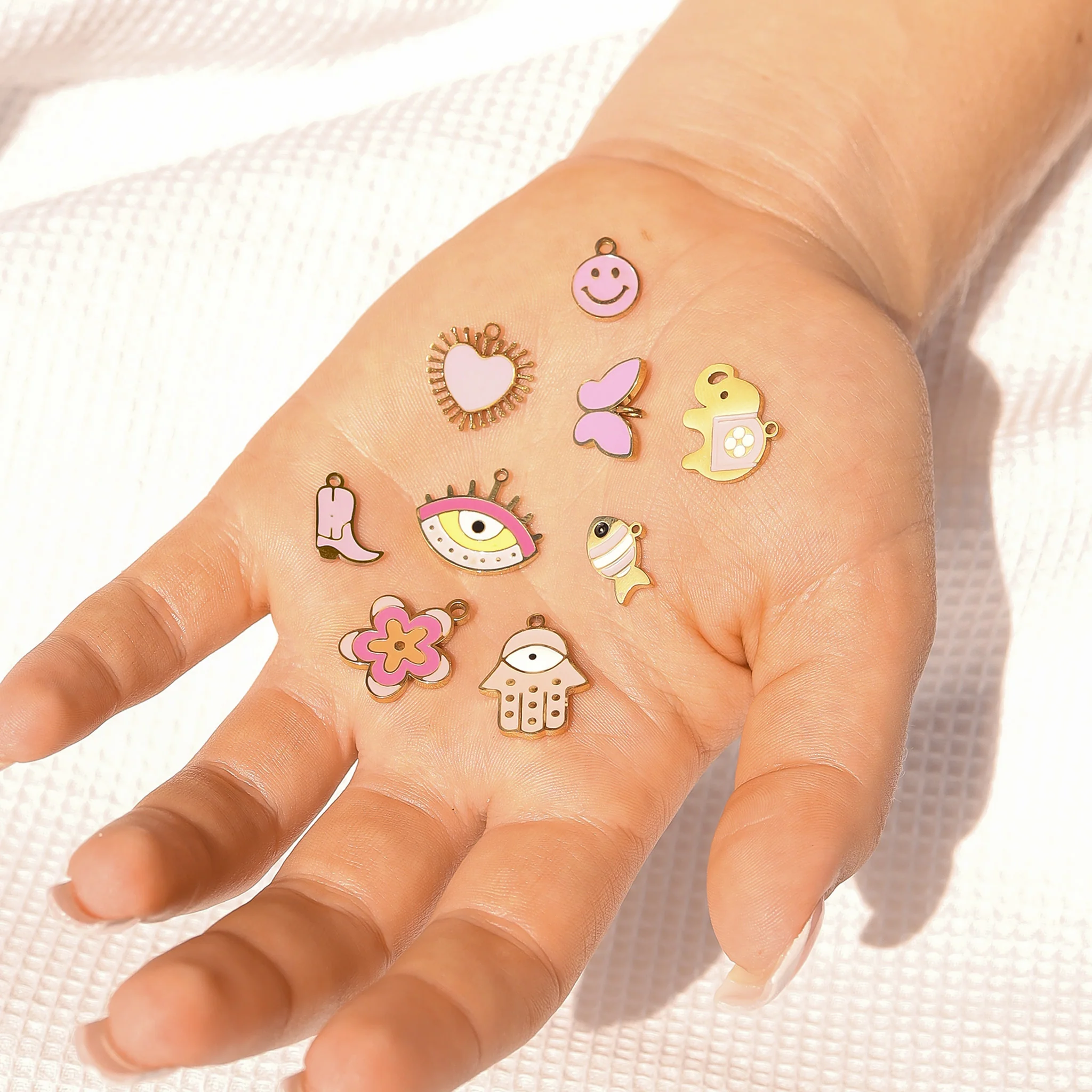 18K Gold PVD Stainless Steel Epoxy Pink Smiley Face Charm / PDL0005 - Image 3