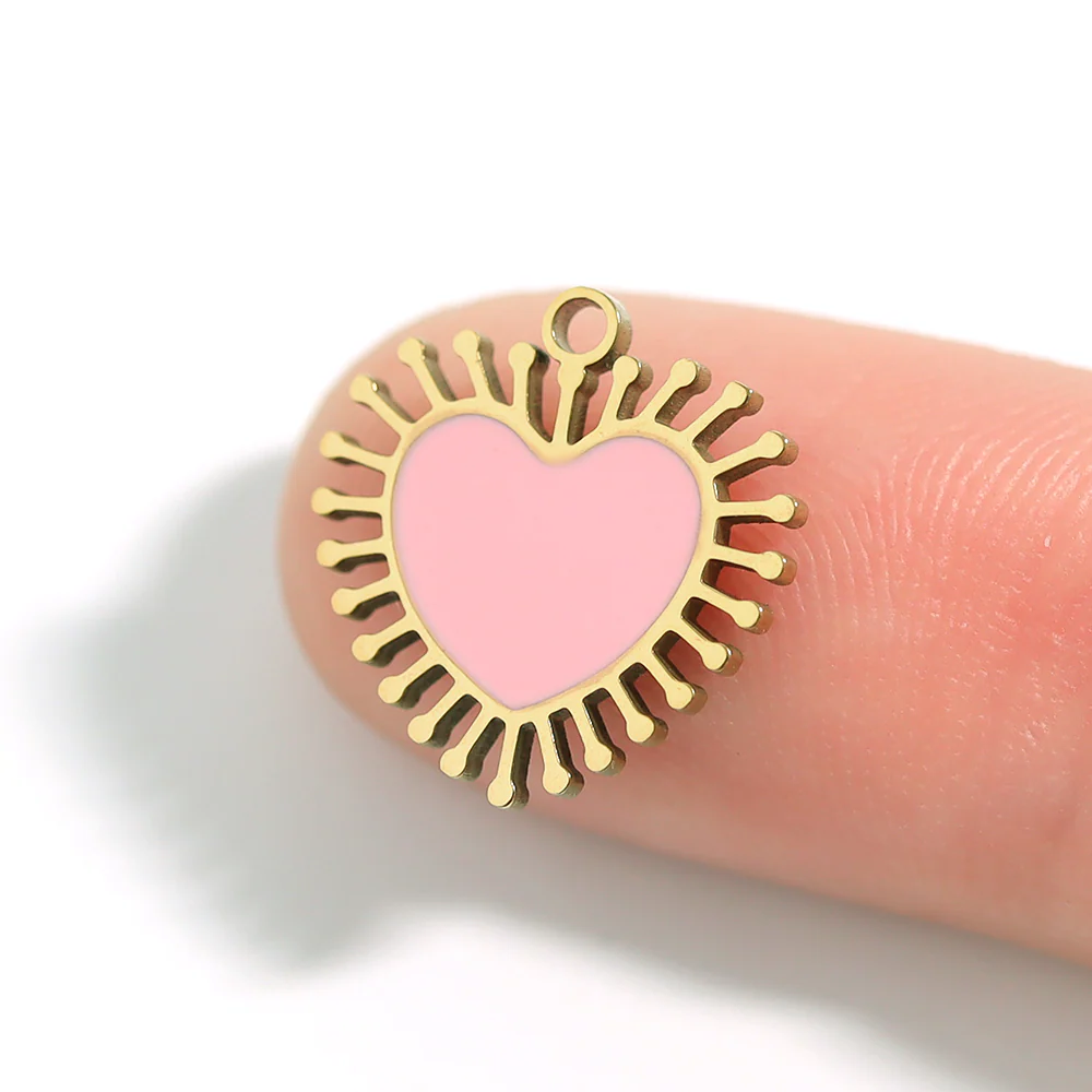 18K Gold PVD Stainless Steel Epoxy Pink Sun Ray Heart Charm / PDL0028 - Image 6