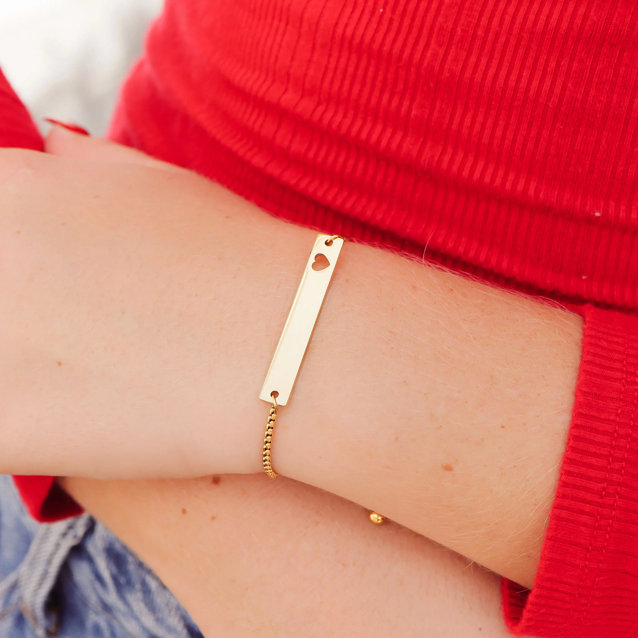18K Gold PVD Stainless Steel Flat Adjustable Heart Cutout Blank Bar Bracelet / SBB0322 - Image 3