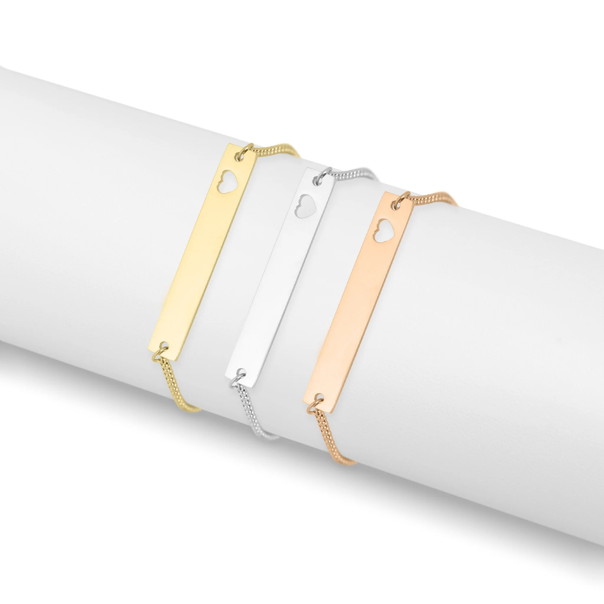 18K Gold PVD Stainless Steel Flat Adjustable Heart Cutout Blank Bar Bracelet / SBB0322 - Image 6