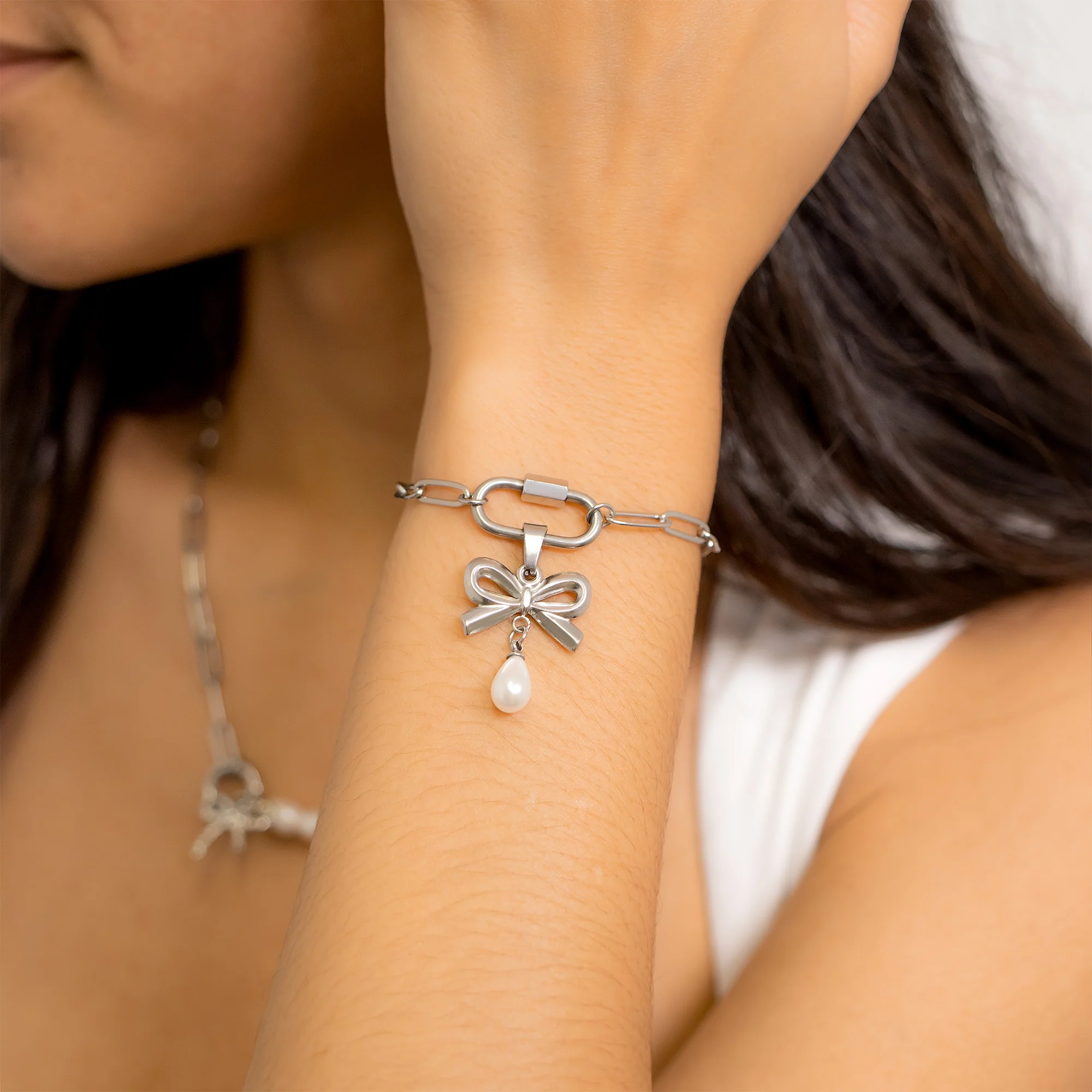 18K Gold PVD Stainless Steel Freshwater Pearl Bow Charm / PDL0291 - Image 8