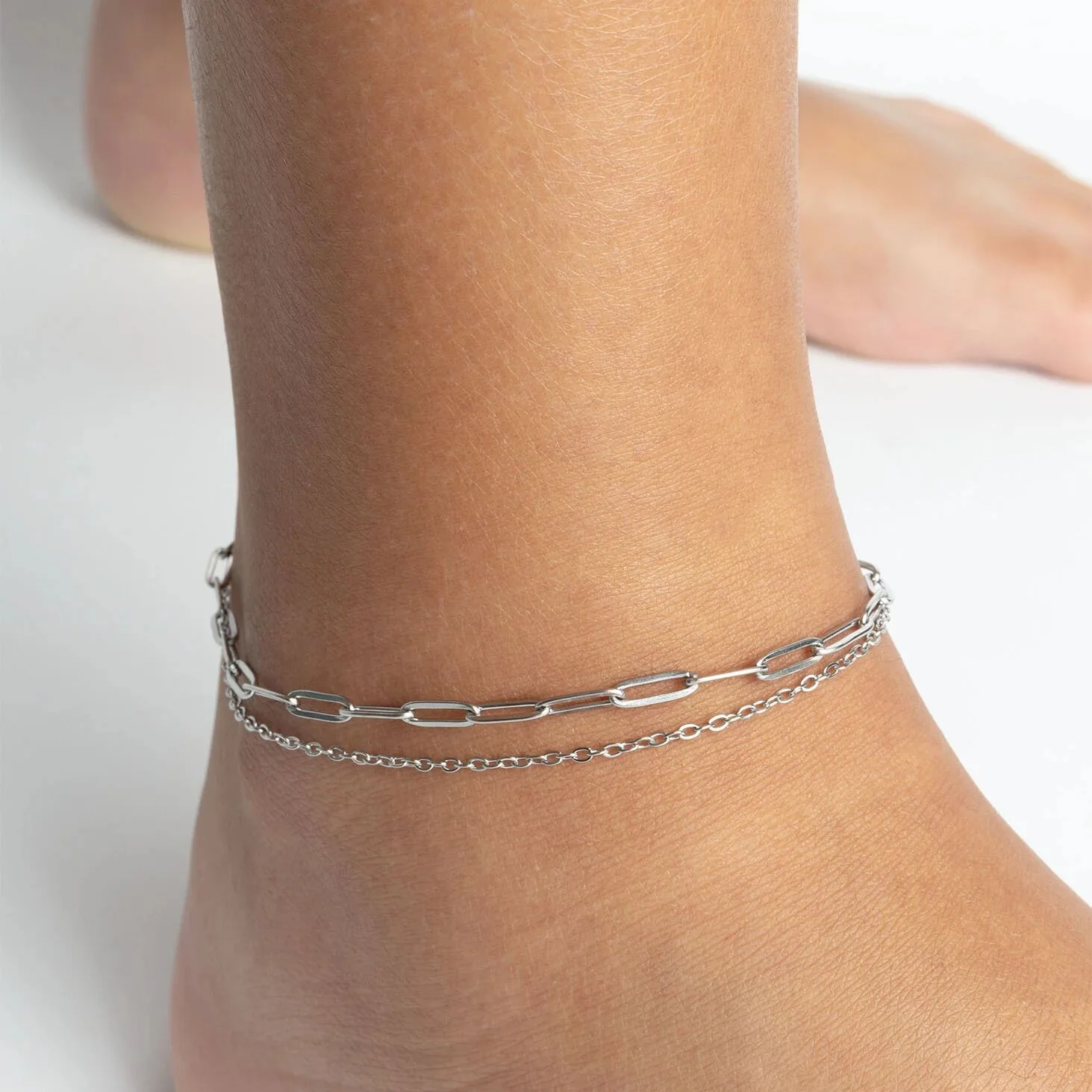 18K Gold PVD Stainless Steel Layered Loop and Paperclip Chain Anklet / SBB0326 - Image 10