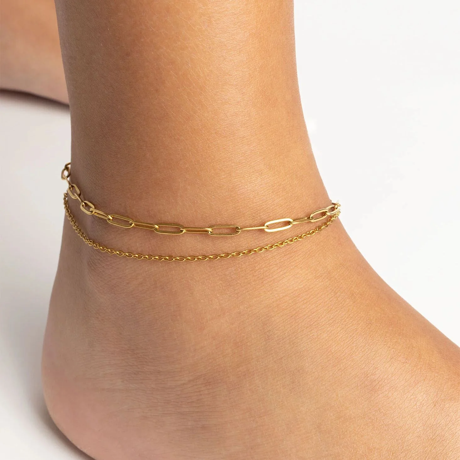 18K Gold PVD Stainless Steel Layered Loop and Paperclip Chain Anklet / SBB0326 - Image 11