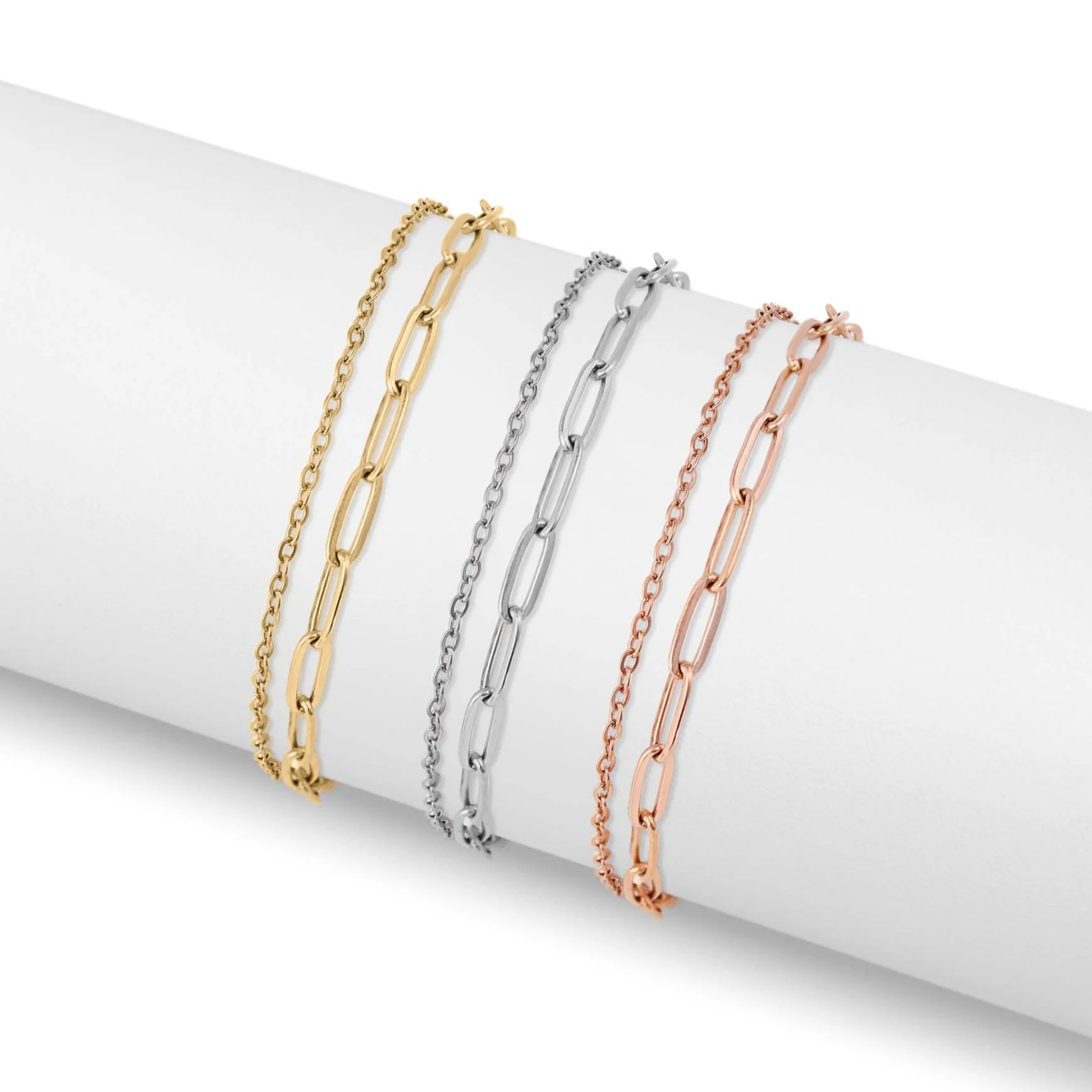 18K Gold PVD Stainless Steel Layered Loop and Paperclip Chain Anklet / SBB0326 - Image 14