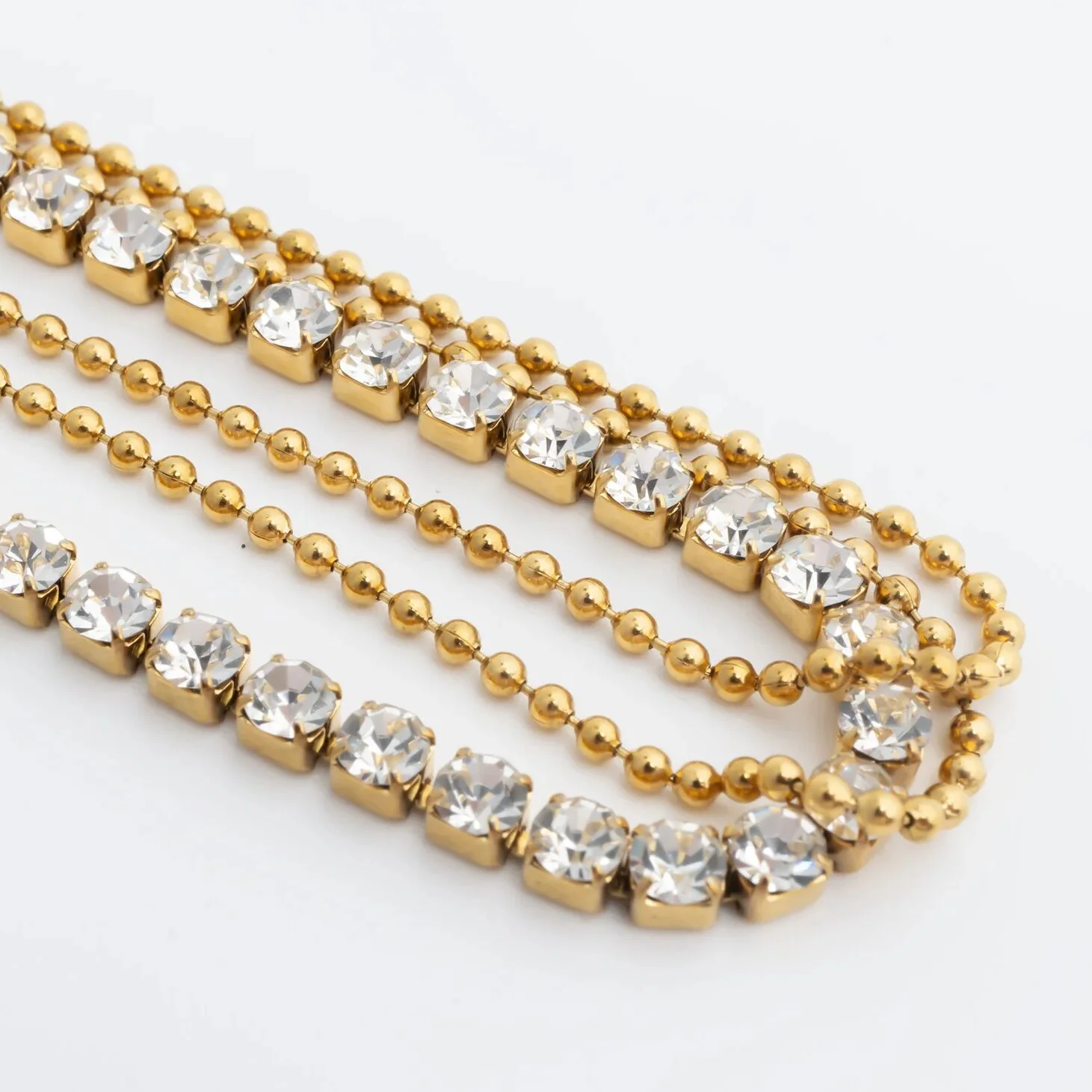 18K Gold PVD Stainless Steel Rhinestone and Shotbead Chain Layered Anklet / SBB0327 - Image 10