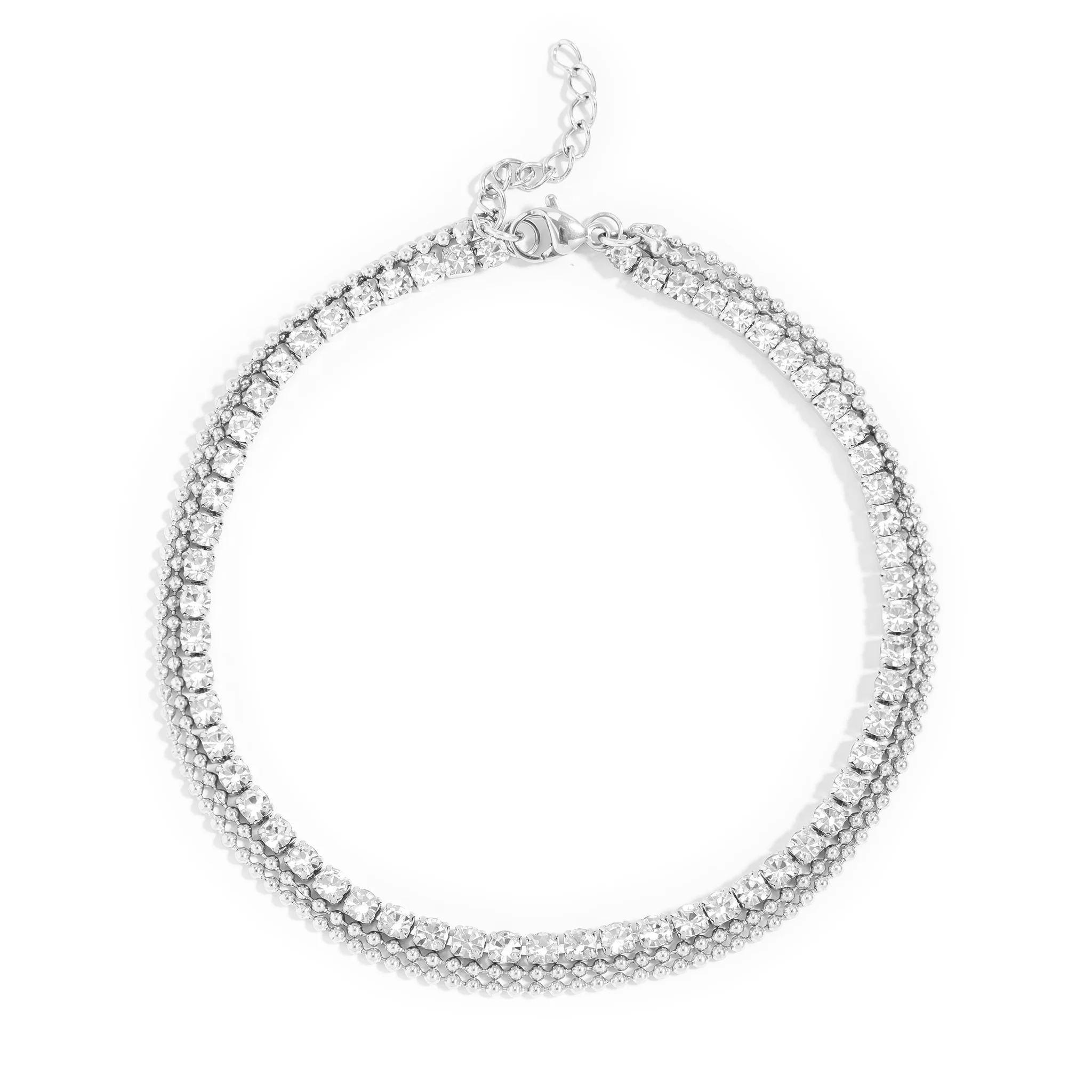 18K Gold PVD Stainless Steel Rhinestone and Shotbead Chain Layered Anklet / SBB0327 - Image 4