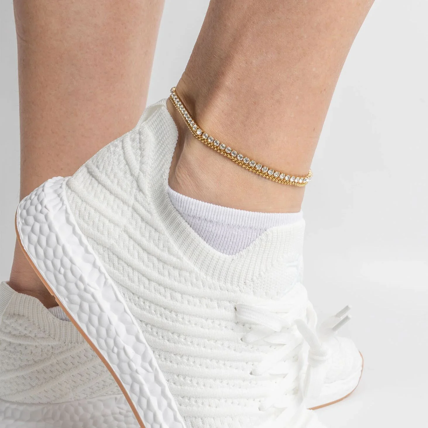 18K Gold PVD Stainless Steel Rhinestone and Shotbead Chain Layered Anklet / SBB0327 - Image 5