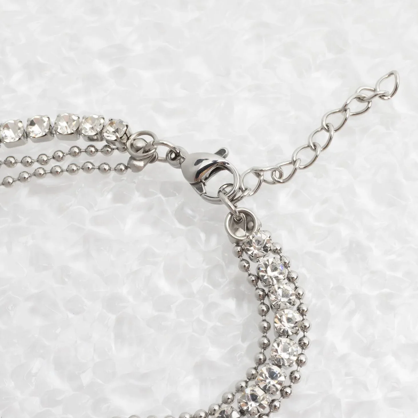 18K Gold PVD Stainless Steel Rhinestone and Shotbead Chain Layered Anklet / SBB0327 - Image 6