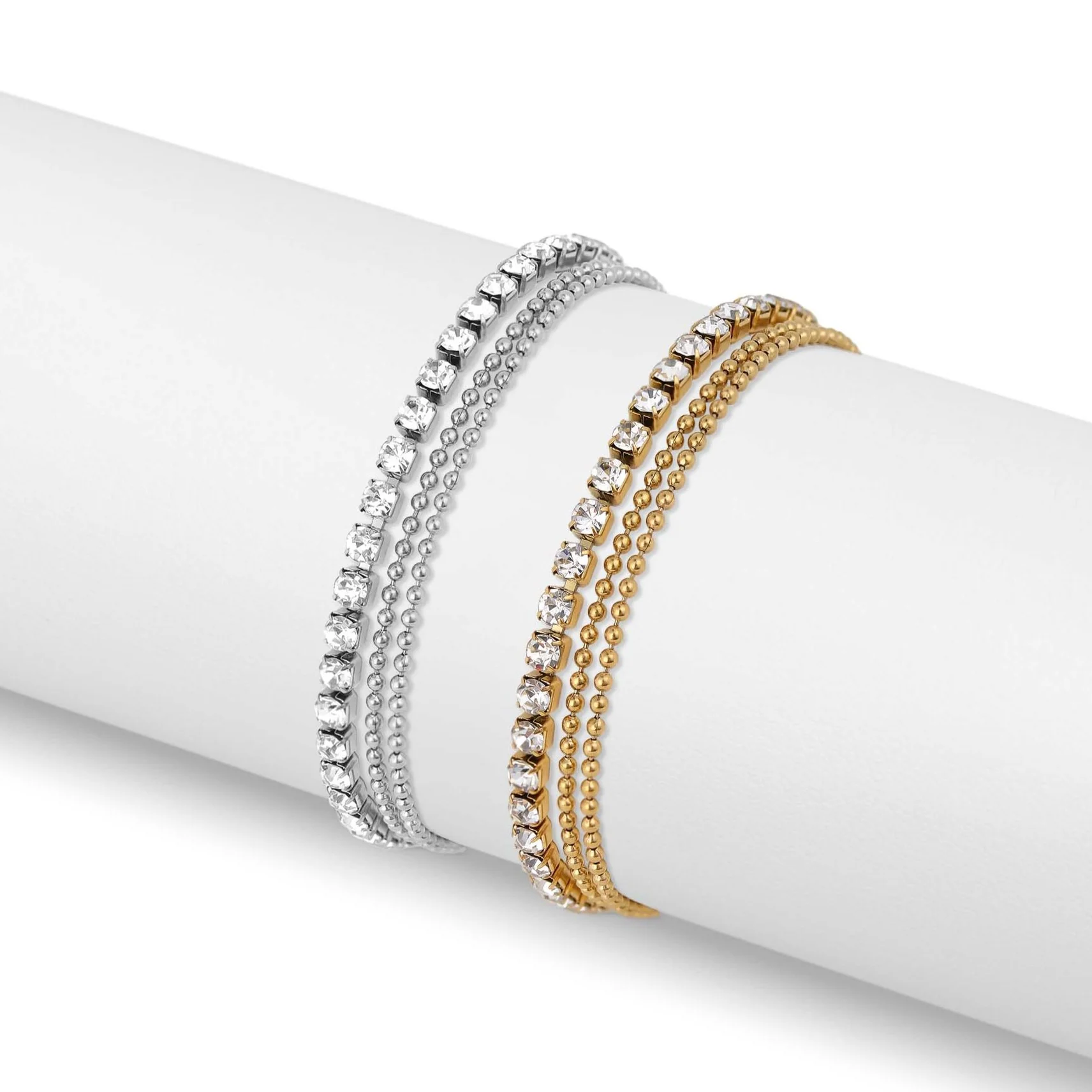 18K Gold PVD Stainless Steel Rhinestone and Shotbead Chain Layered Anklet / SBB0327 - Image 7