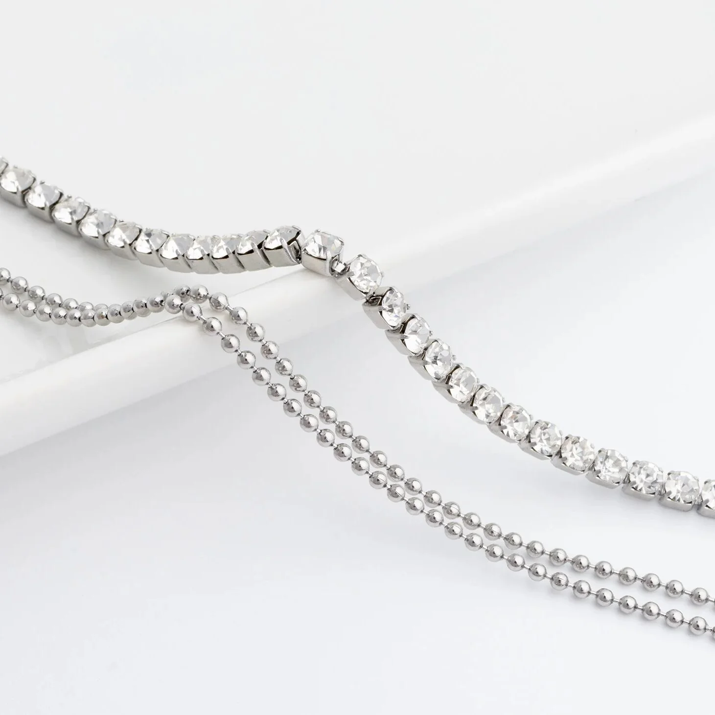 18K Gold PVD Stainless Steel Rhinestone and Shotbead Chain Layered Anklet / SBB0327 - Image 9