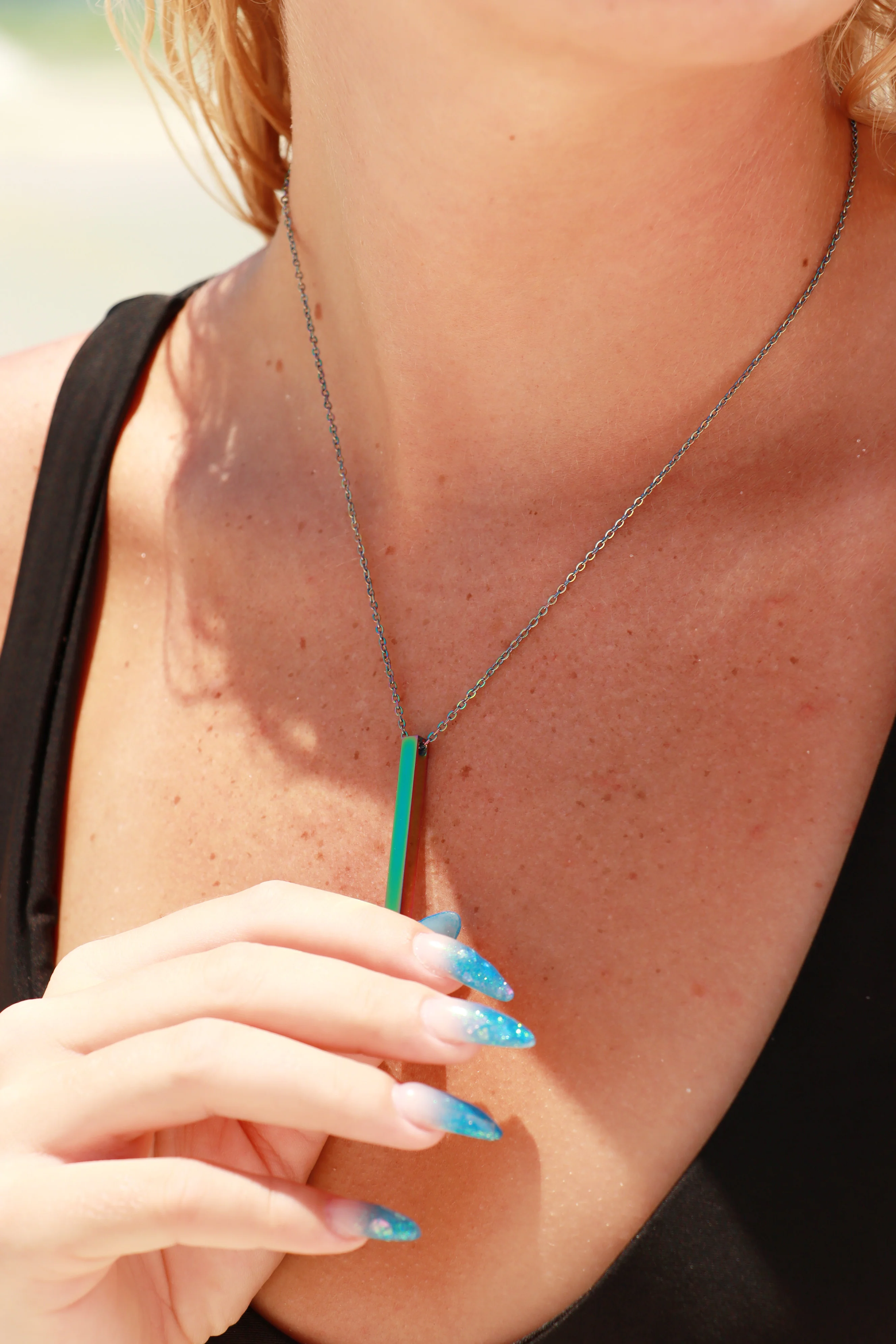 18K Gold PVD Stainless Steel Square 4 Sided Vertical Blank Bar Necklace / SBB0120 - Image 3