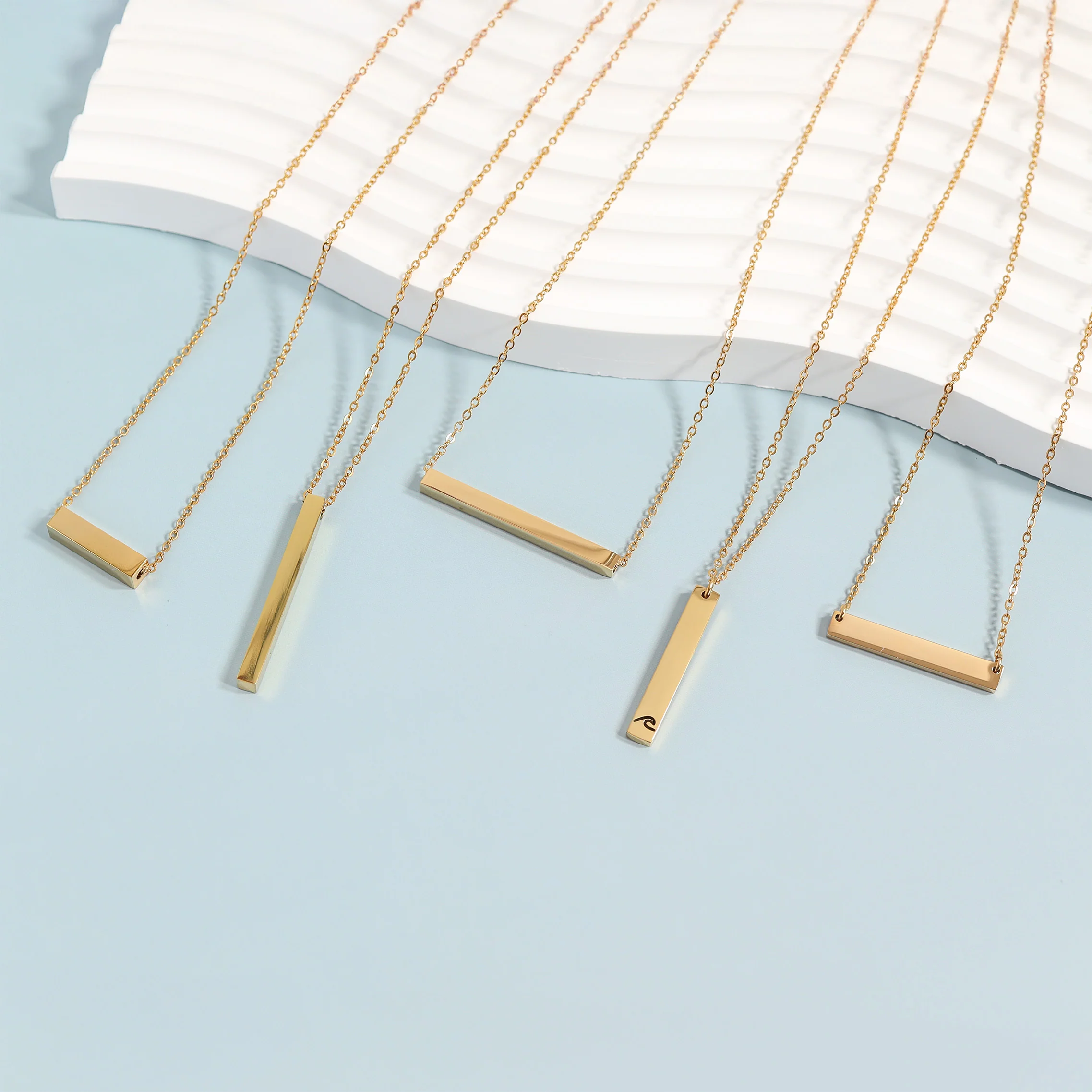 18K Gold PVD Stainless Steel Square 4 Sided Vertical Blank Bar Necklace / SBB0120 - Image 4