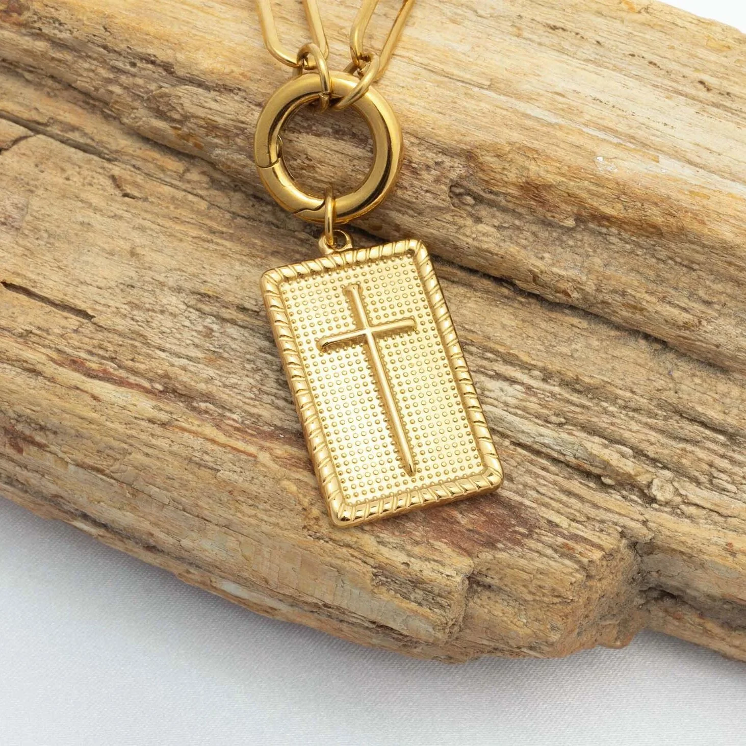 18K Gold PVD Stainless Steel Square Pendant with Cross / PDL0375 - Image 3