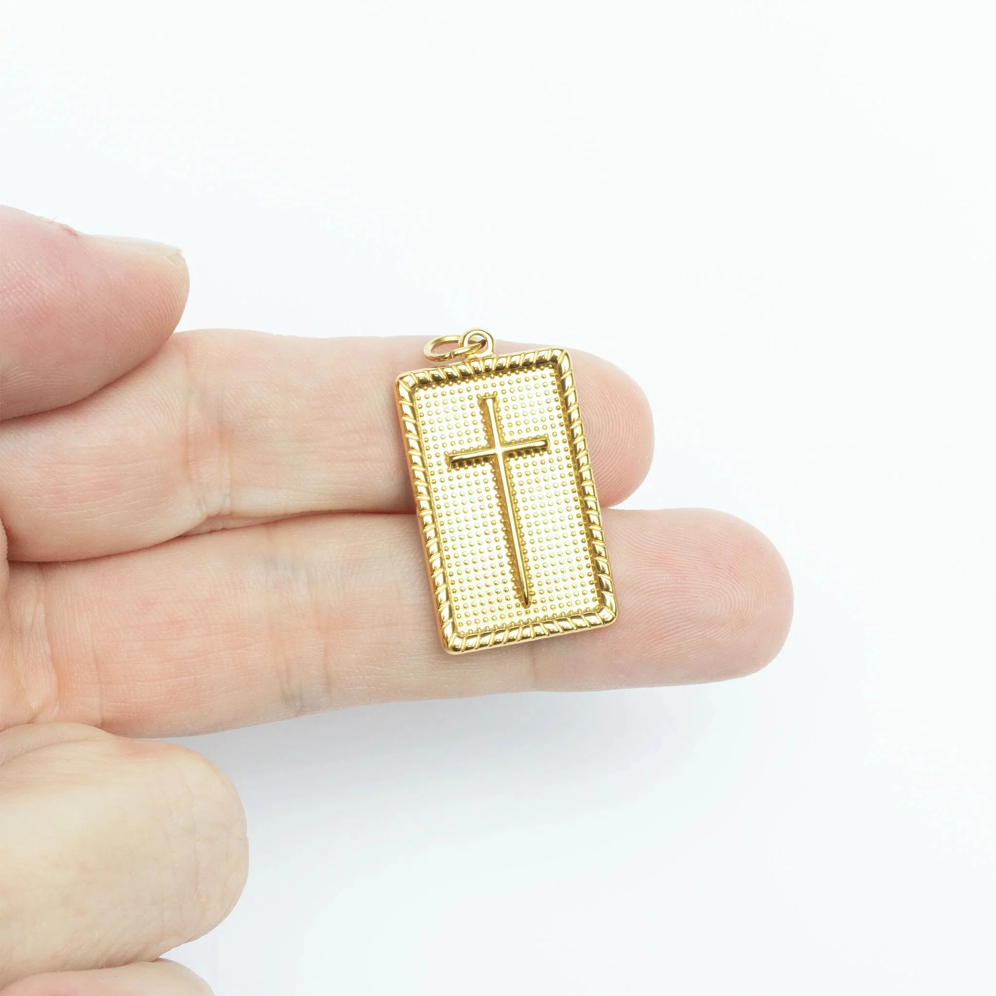 18K Gold PVD Stainless Steel Square Pendant with Cross / PDL0375 - Image 7