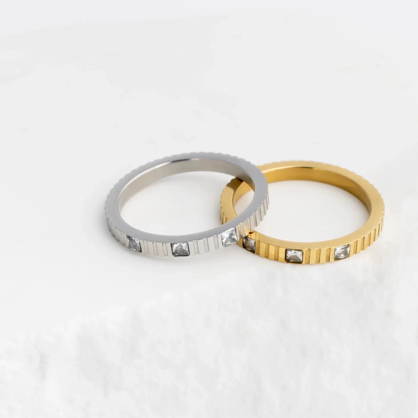 18K Gold Stainless Steel Triple Stone Fluted Stacking Ring / KSS0029 - Image 7