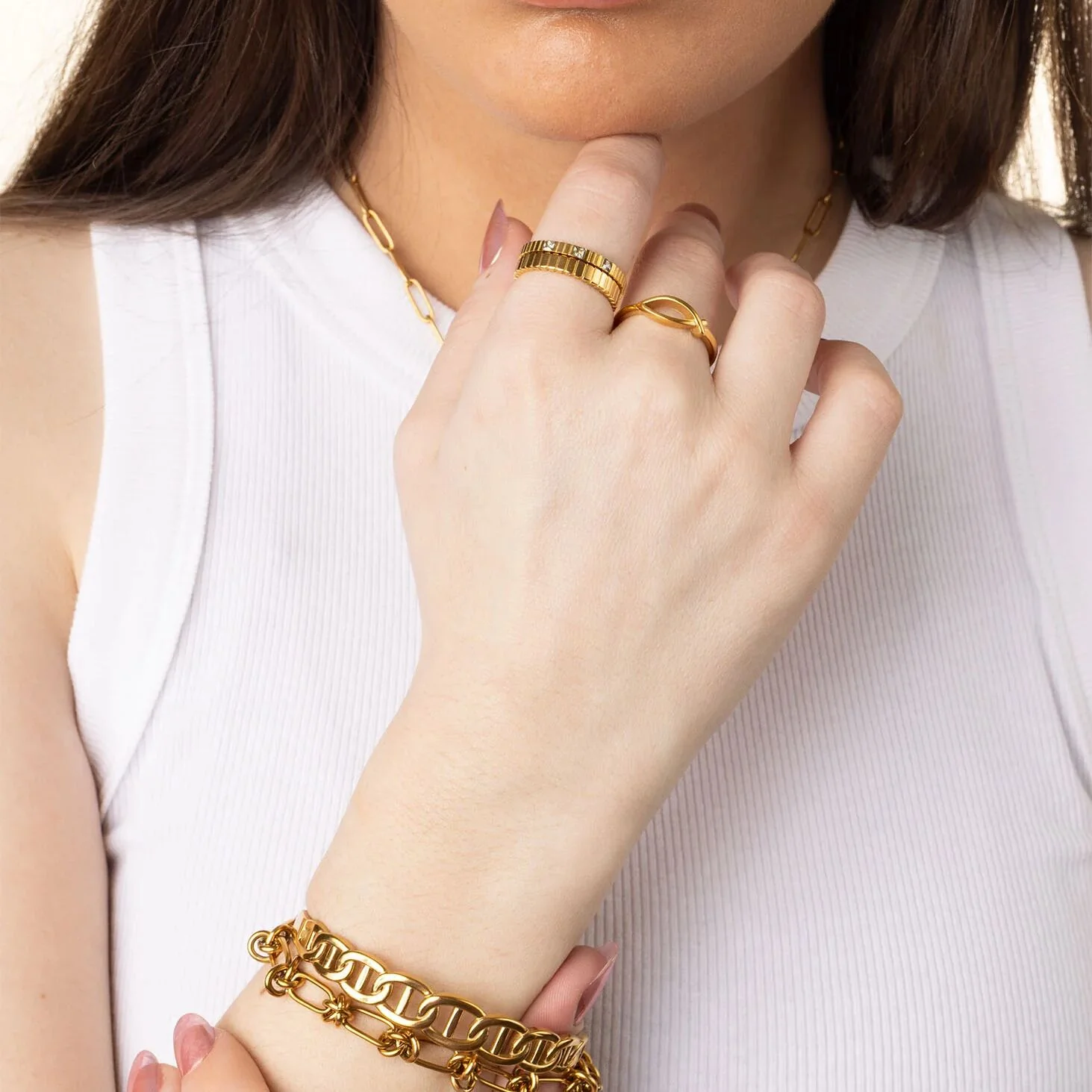 18K Gold Stainless Steel Triple Stone Fluted Stacking Ring / KSS0029 - Image 9