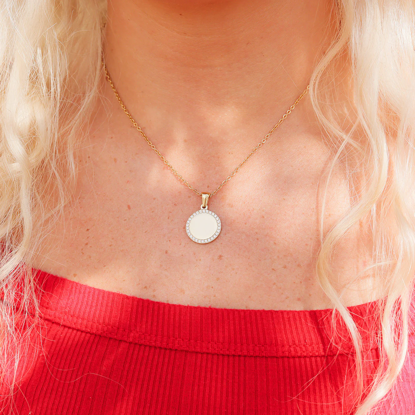 18K Gold PVD Stainless Steel Round CZ Pendant Necklace / SBB0280 - Image 3