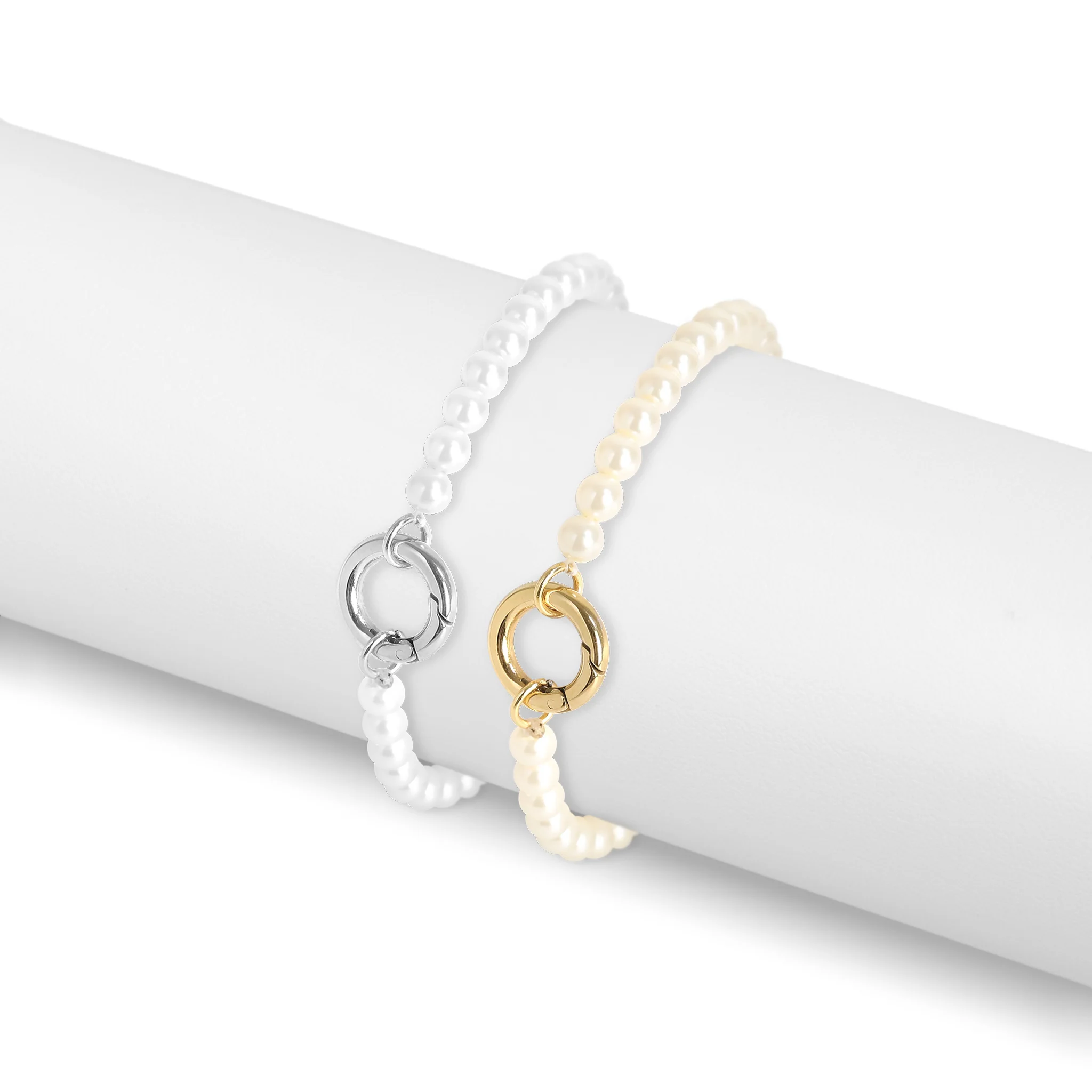 18K Gold PVD Stainless Steel Glass Pearl Charm Keeper Bracelet / SBB0337 - Image 4