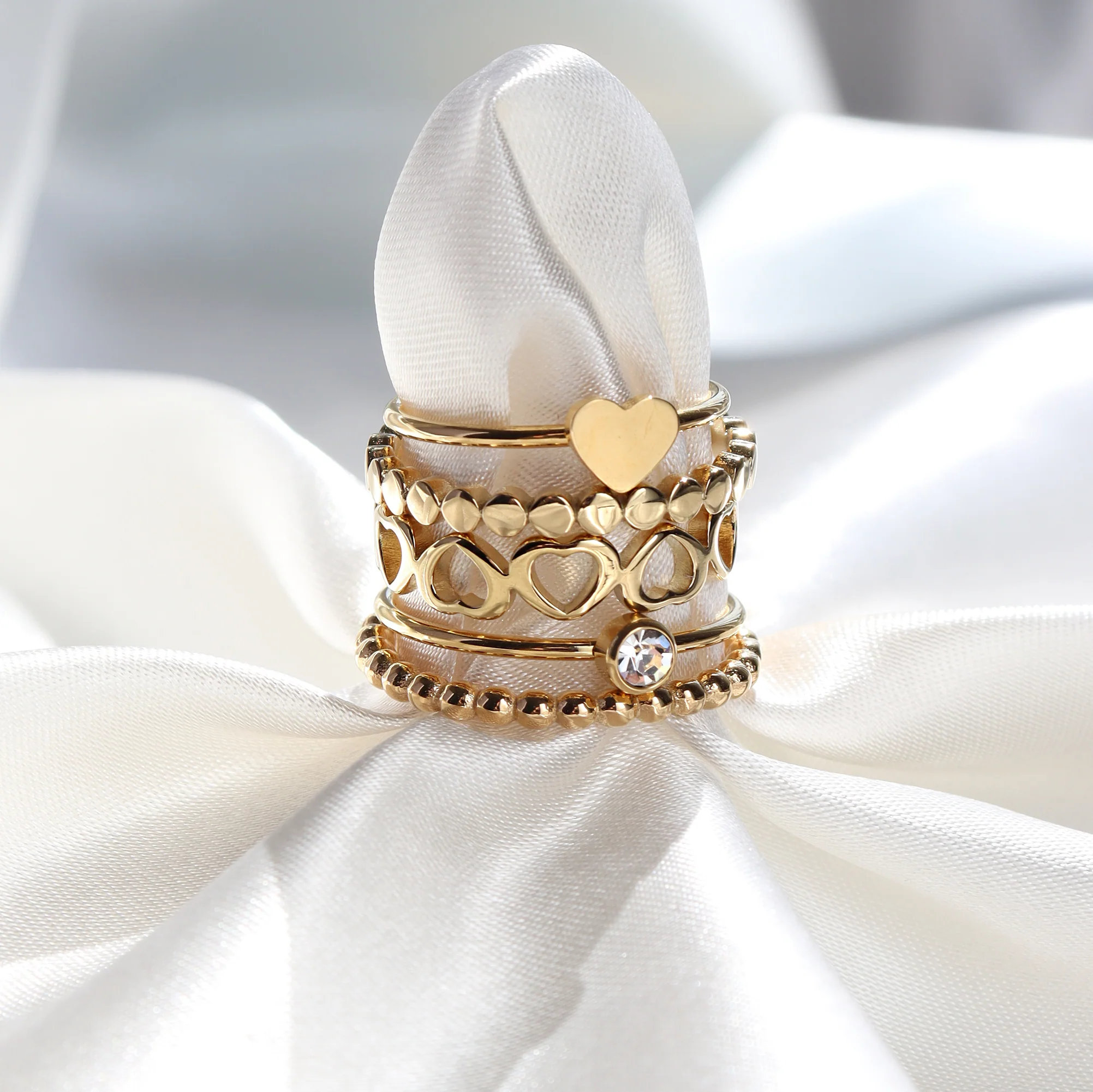 18K Gold PVD Stainless Steel Beaded Stacking Ring / CSR0004 - Image 9