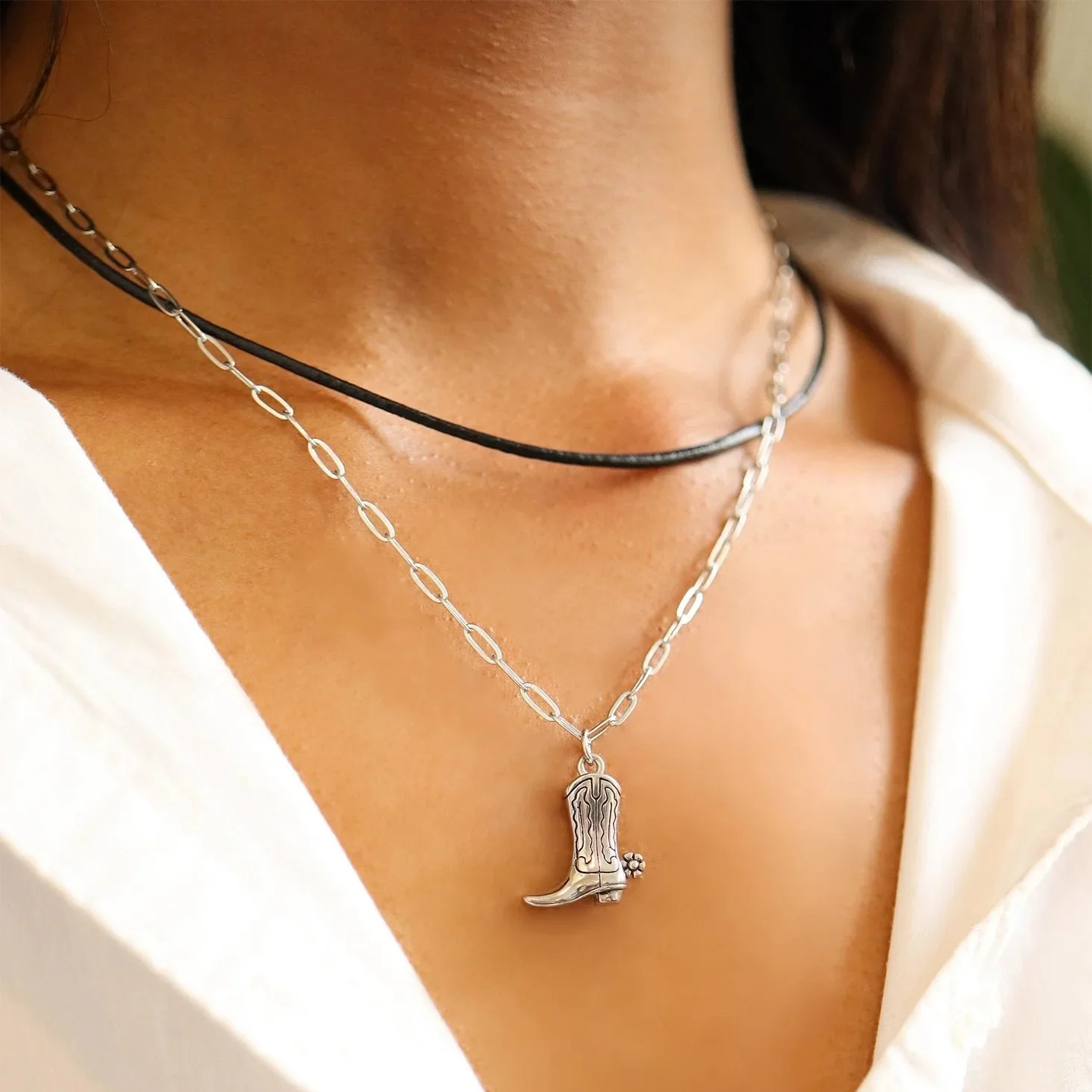 Black Leather Cord Necklace With Stainless Steel Twist Open Clasp / CHJ0113 - Image 8