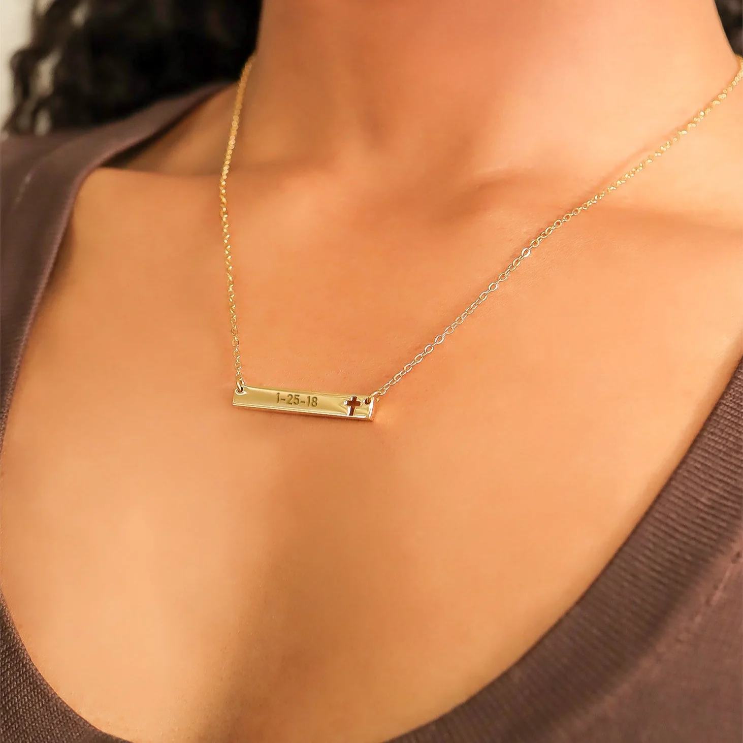 18K Gold PVD Stainless Steel Cutout Cross Blank Bar Necklace / SBB00106 - Image 4