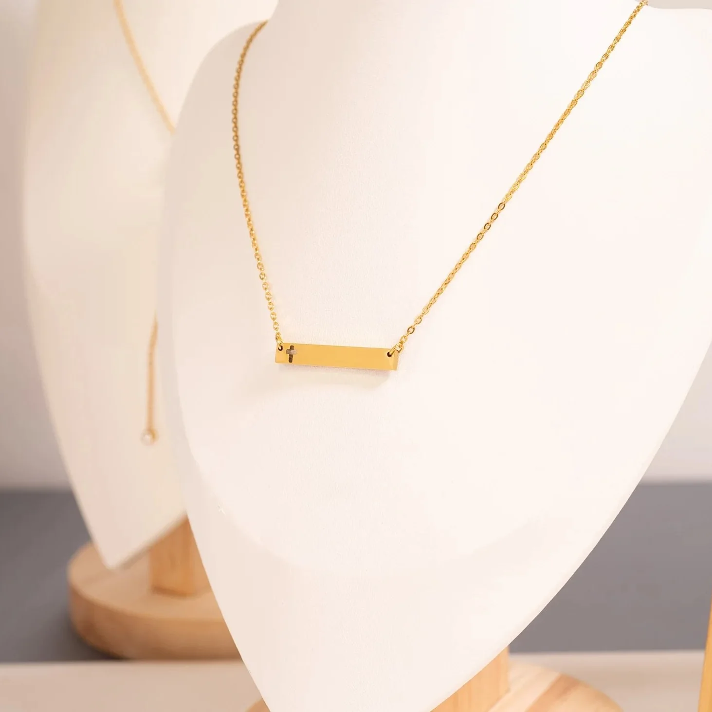 18K Gold PVD Stainless Steel Cutout Cross Blank Bar Necklace / SBB00106 - Image 5