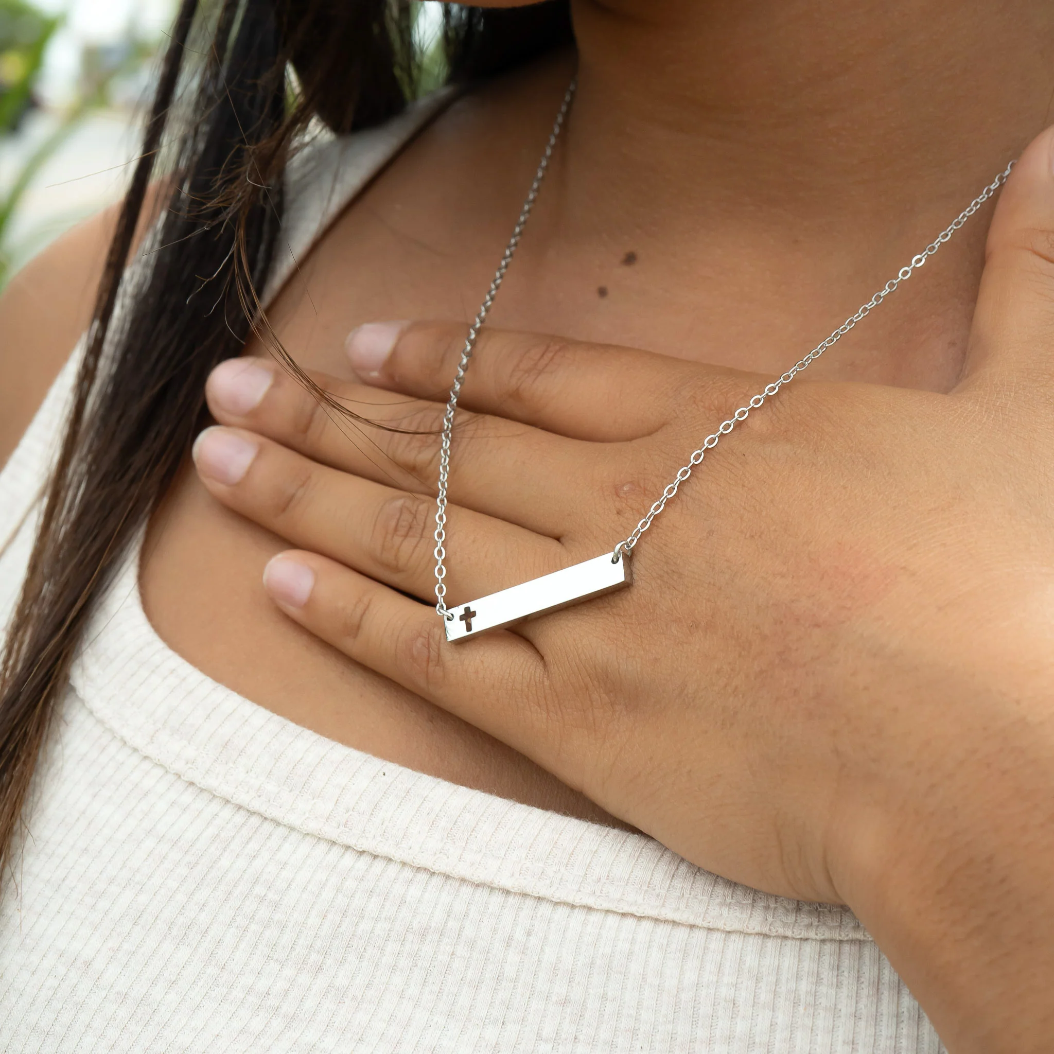 18K Gold PVD Stainless Steel Cutout Cross Blank Bar Necklace / SBB00106 - Image 6