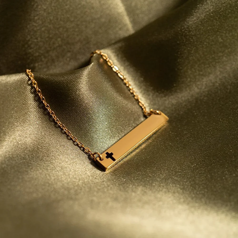 18K Gold PVD Stainless Steel Cutout Cross Blank Bar Necklace / SBB00106 - Image 7