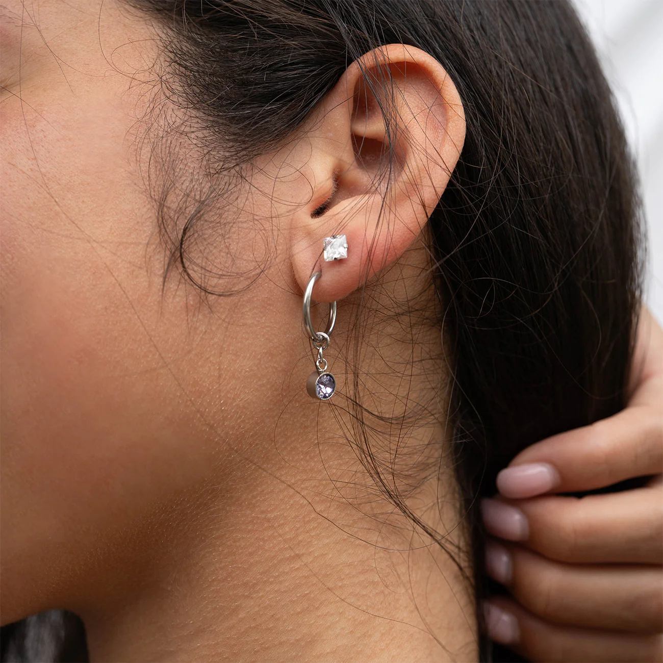 Stainless Steel Birthstone Huggie Earrings / ERJ0073 - Image 11