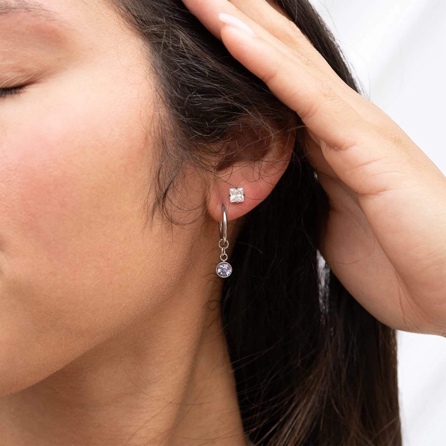 Stainless Steel Birthstone Huggie Earrings / ERJ0073 - Image 4